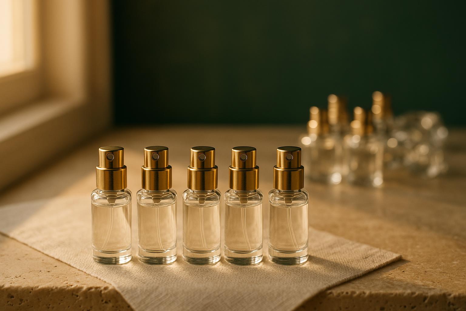 Five 5 ml atomizers standing in a row in front of a stack of the rest, suggesting a ranked top five