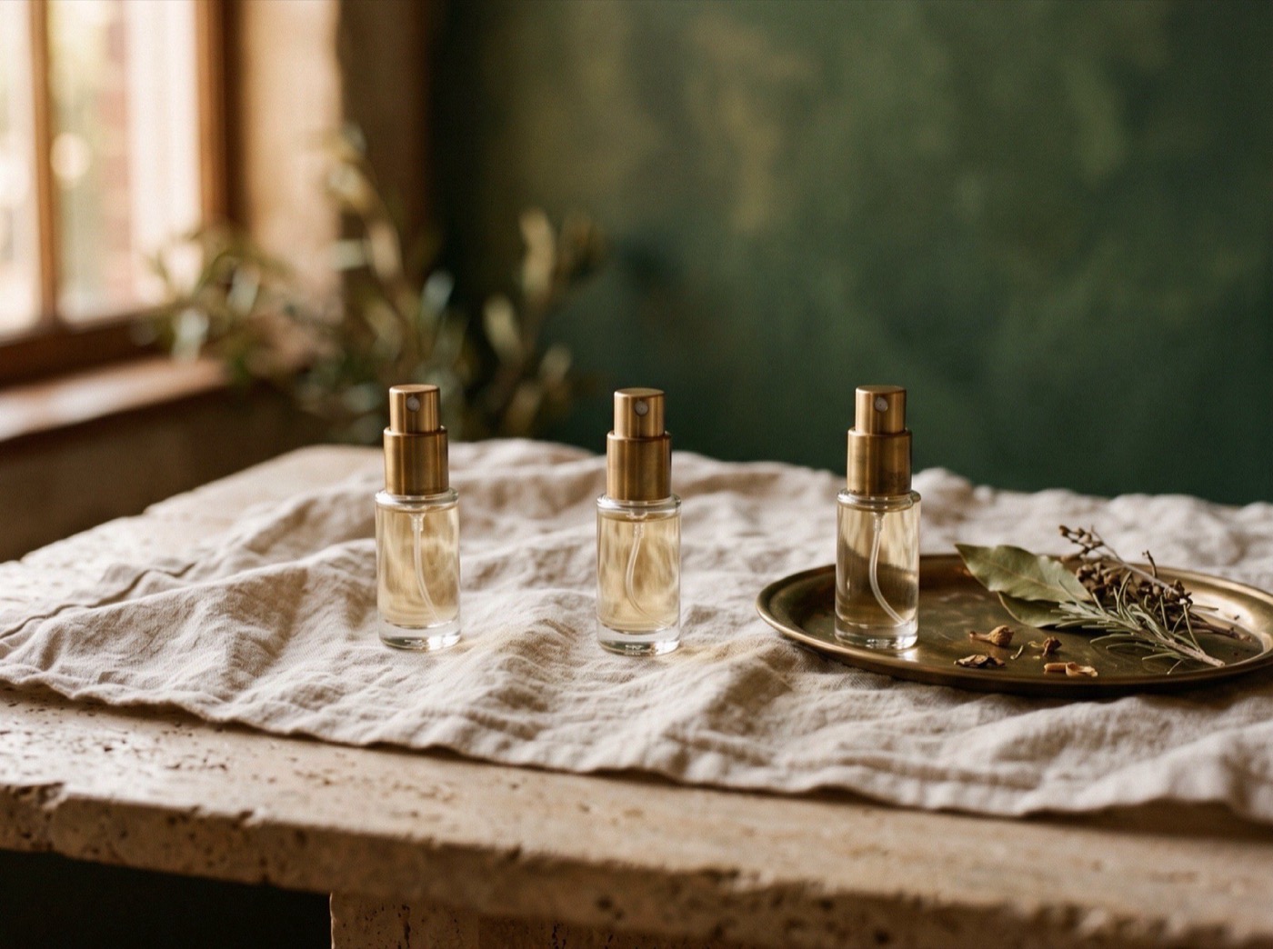 Three 5 ml atomizers spaced apart on linen beside a small brass tray, suggesting a three-month rotation
