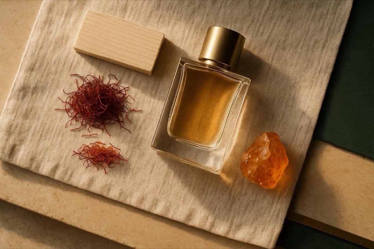 Saffron threads, a cedar offcut and a piece of warm amber resin arranged on a linen cloth