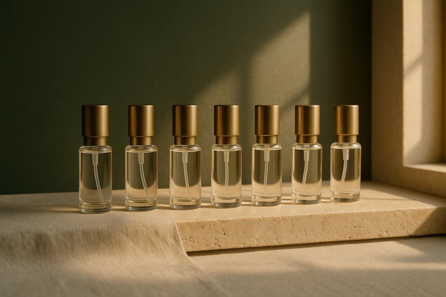 Six small unlabelled 5 ml atomizers lined up in a row on a travertine ledge