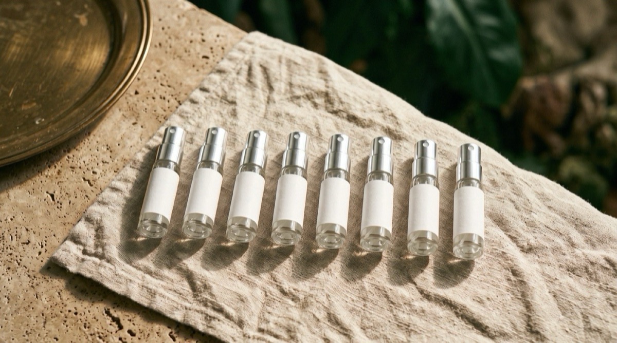 Eight clear-glass 5 ml atomizers with silver caps arranged in a row on linen, warm natural light