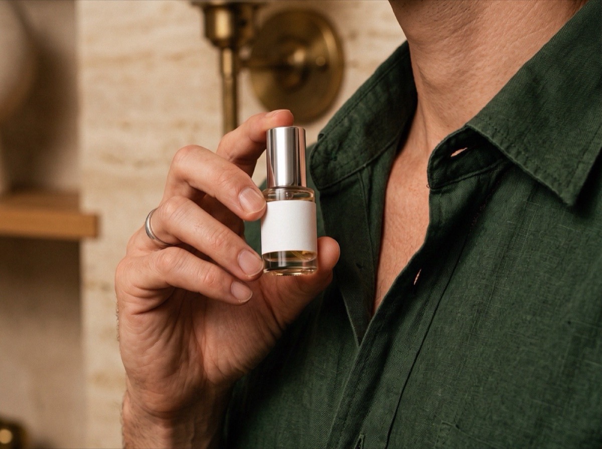 A hand holding a clear-glass 5 ml atomizer close to a shirt collar, warm indoor light