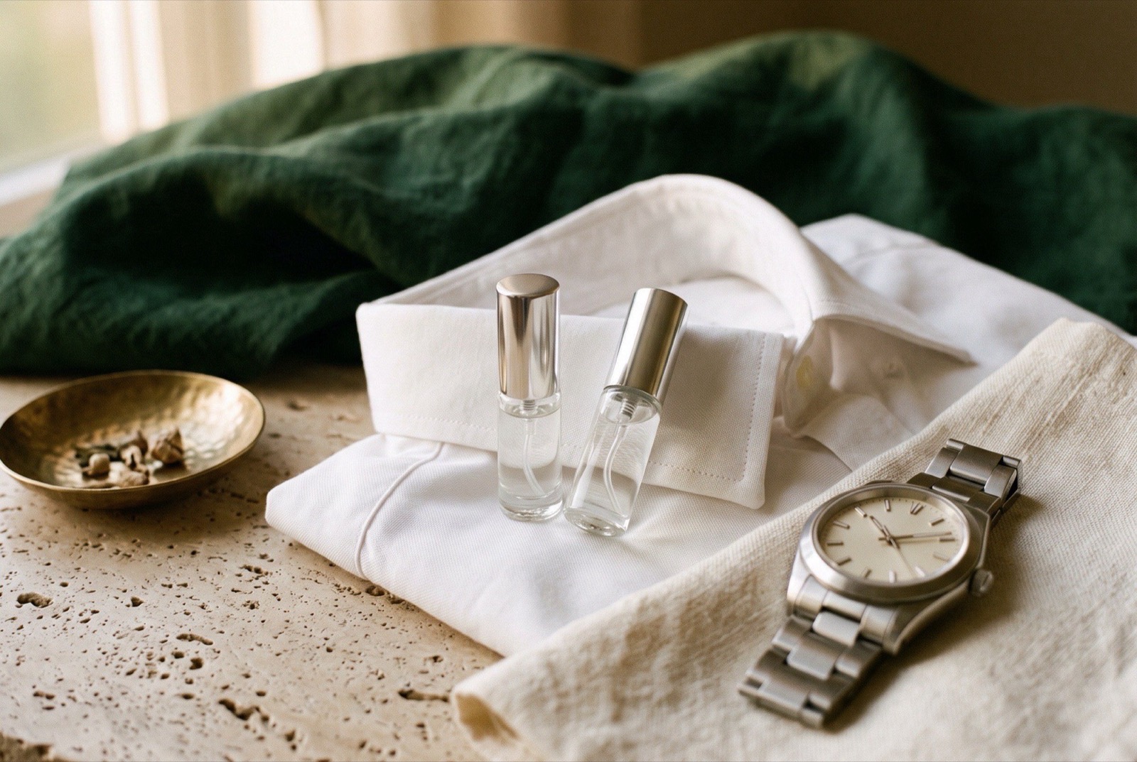 Two generic unbranded clear-glass 5 ml atomizers resting on a folded white dress shirt beside a steel watch and a small brass dish on travertine and cream linen in early evening light