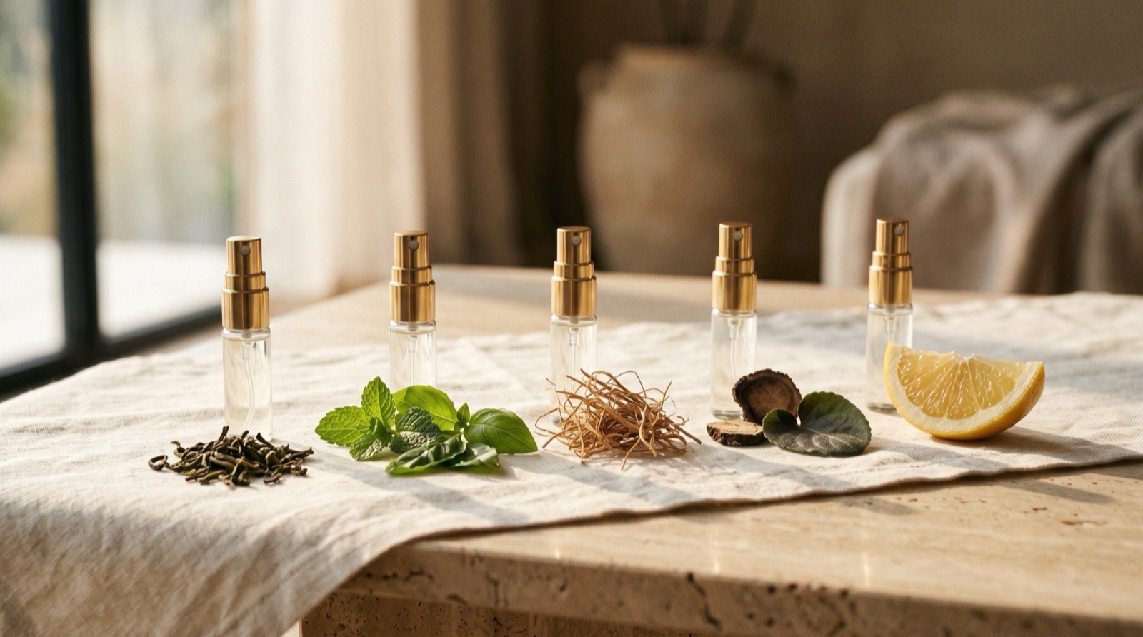 Five identical unlabelled 5 ml atomizers in a row on linen, each beside its key raw material