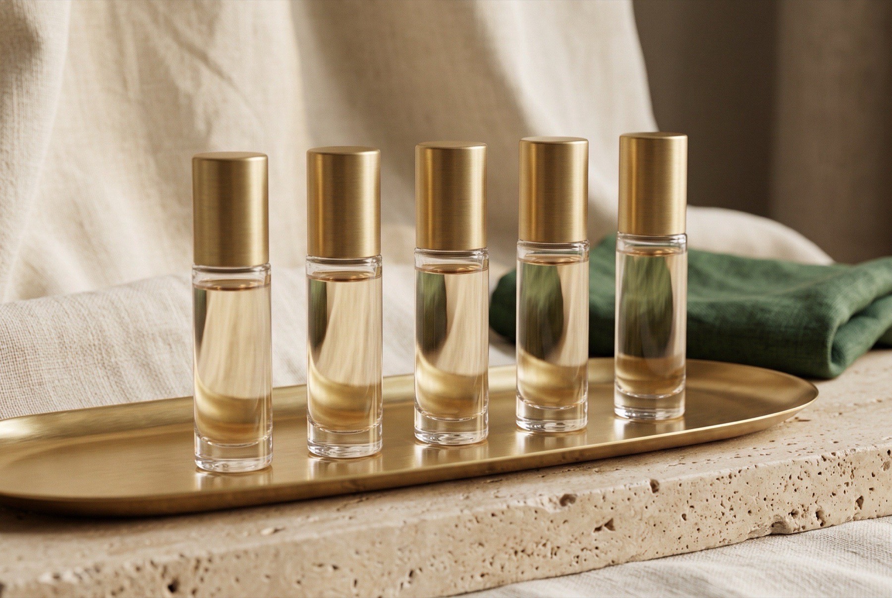 Generic unbranded clear-glass 5 ml atomizers lined up on a brass tray on a travertine surface with draped cream linen in soft warm light