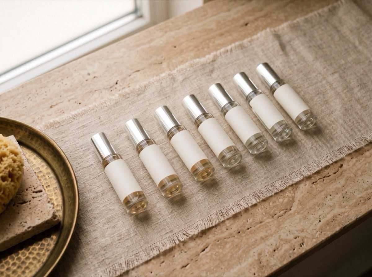 Eight clear-glass 5 ml atomizers lined up in a row on a linen runner with brass detailing