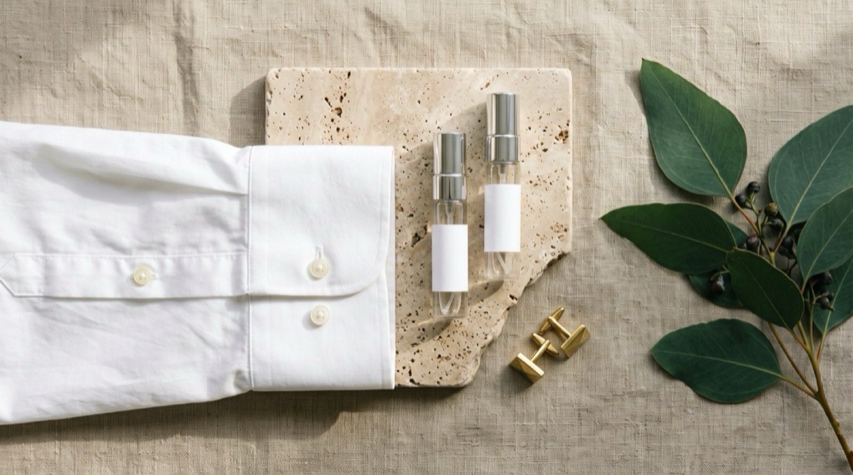 Two clear-glass 5 ml atomizers with silver caps standing beside a folded dress shirt cuff and brass cufflinks on linen