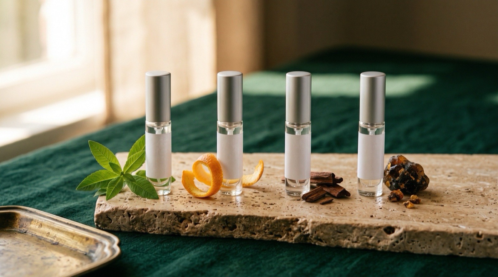 Four clear-glass 5 ml atomizers arranged in a row on travertine with seasonal botanicals beside each one