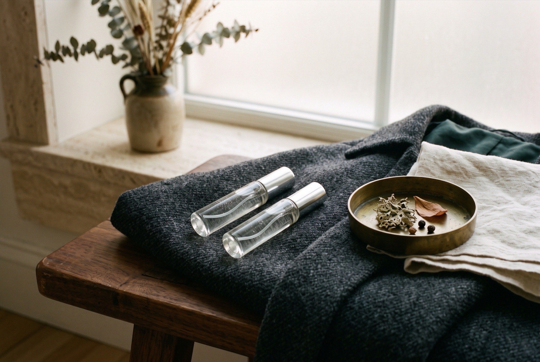 Two generic unbranded clear-glass 5 ml atomizers resting on a folded charcoal wool coat on a dark walnut bench beside a brass dish and cream linen, lit by frosted winter window light