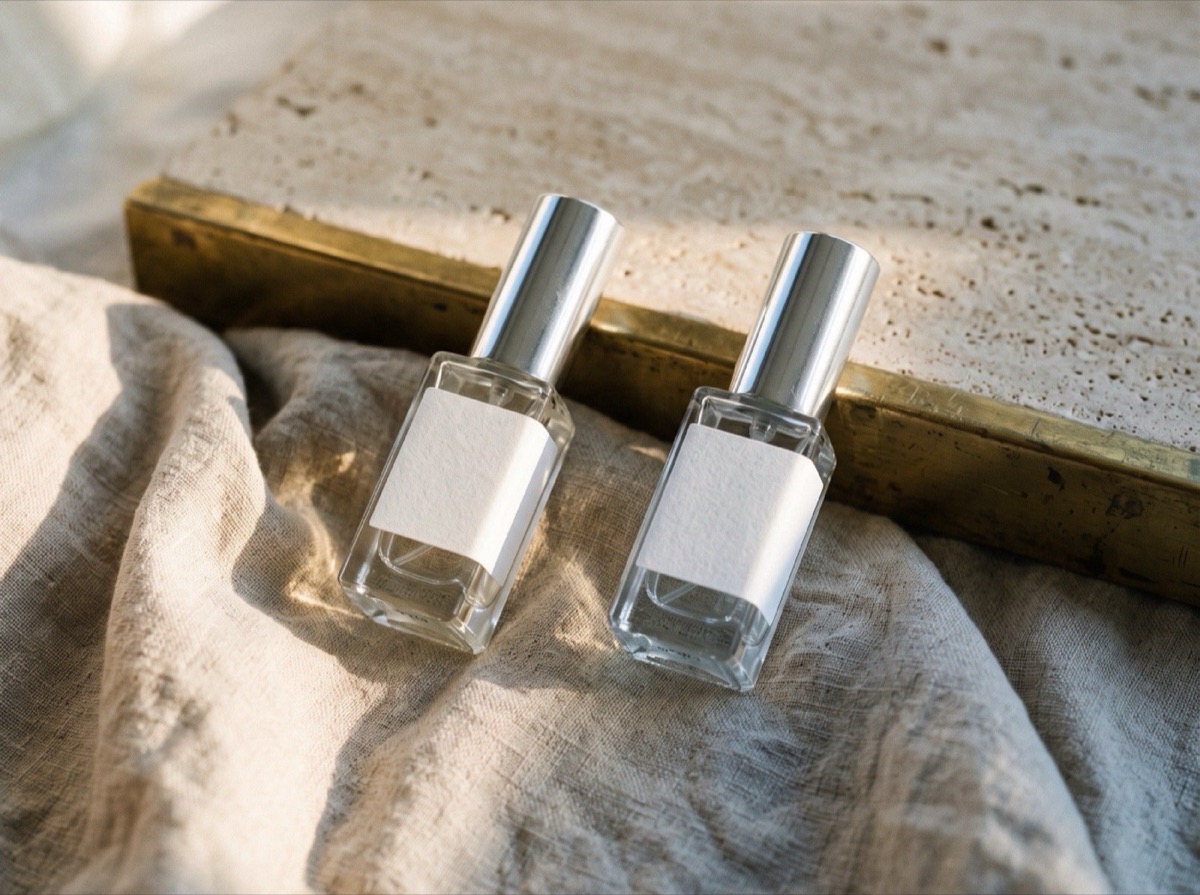 Two 5 ml atomizers side by side on linen, one lit brightly and one in cooler shadow, suggesting a day versus evening pairing