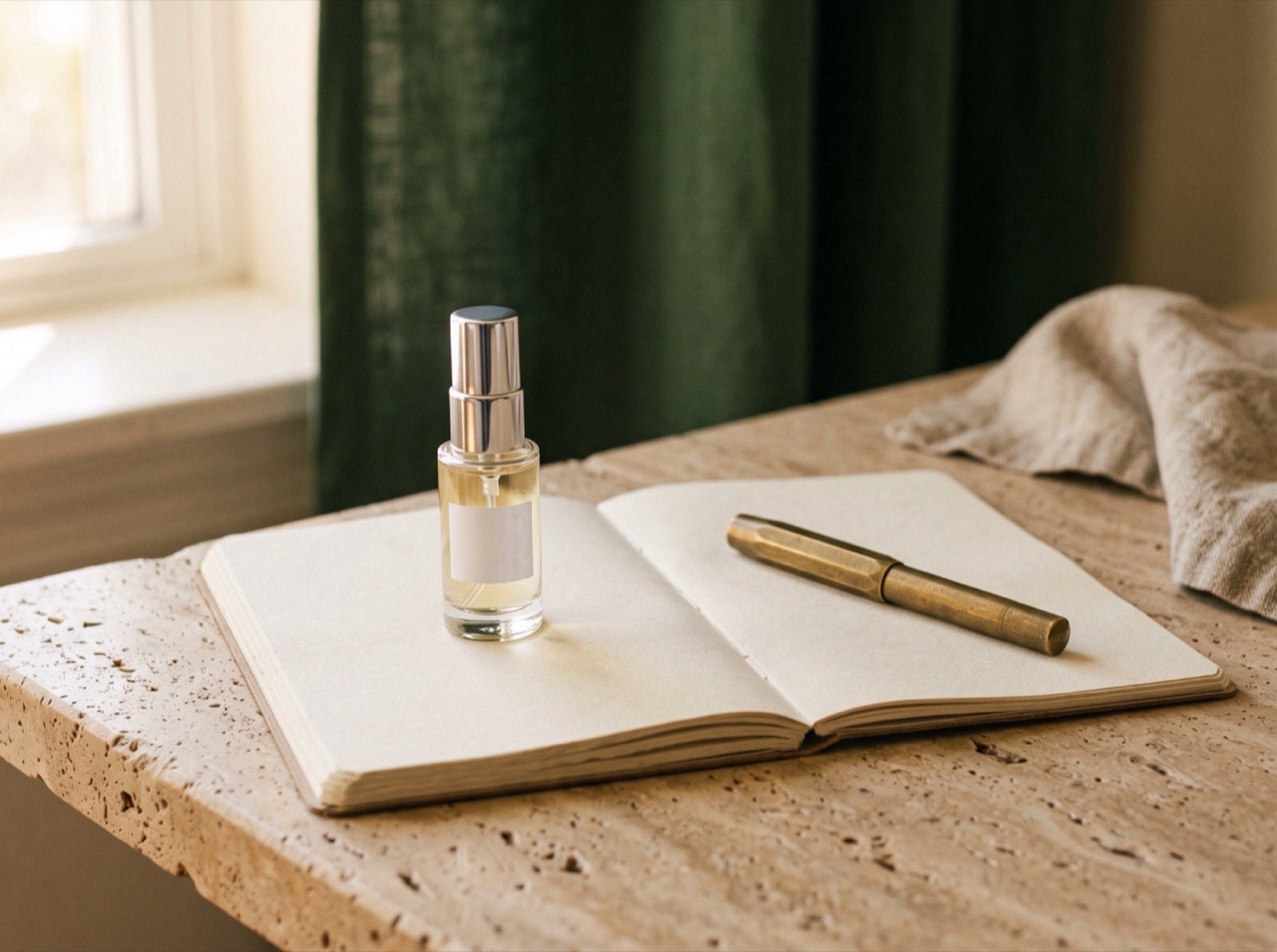 A single 5 ml atomizer resting on an open notebook beside a brass pen, mid-testing on a travertine desk