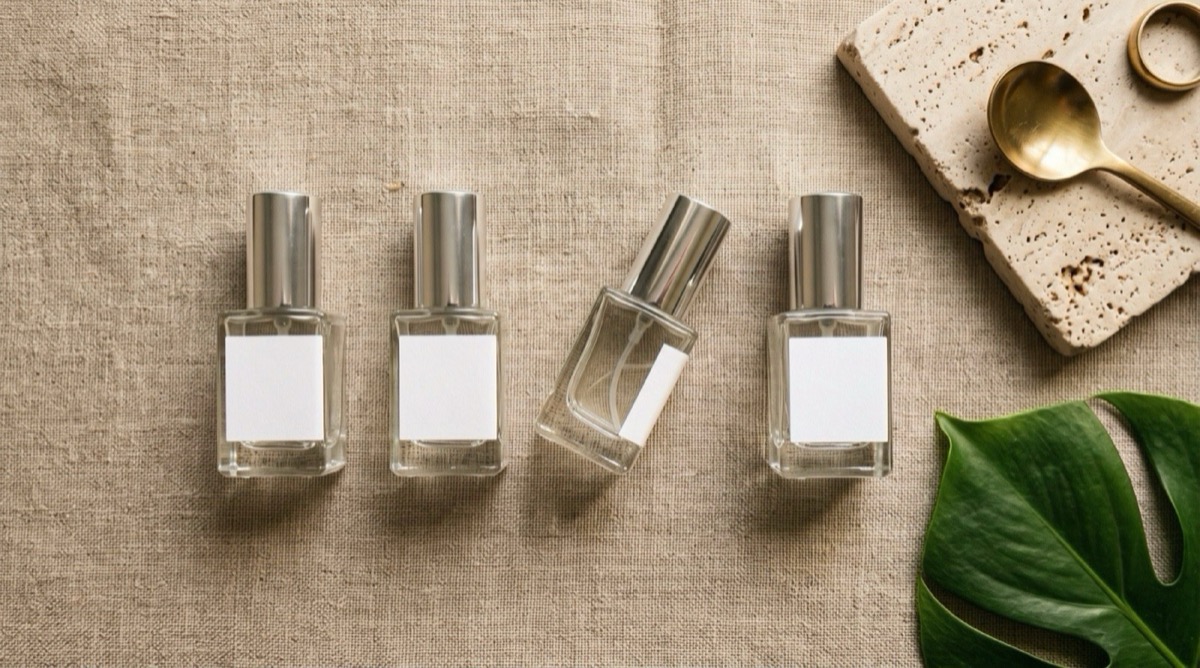 Four unlabeled clear-glass atomizers arranged in a row on linen, suggesting four categories of product
