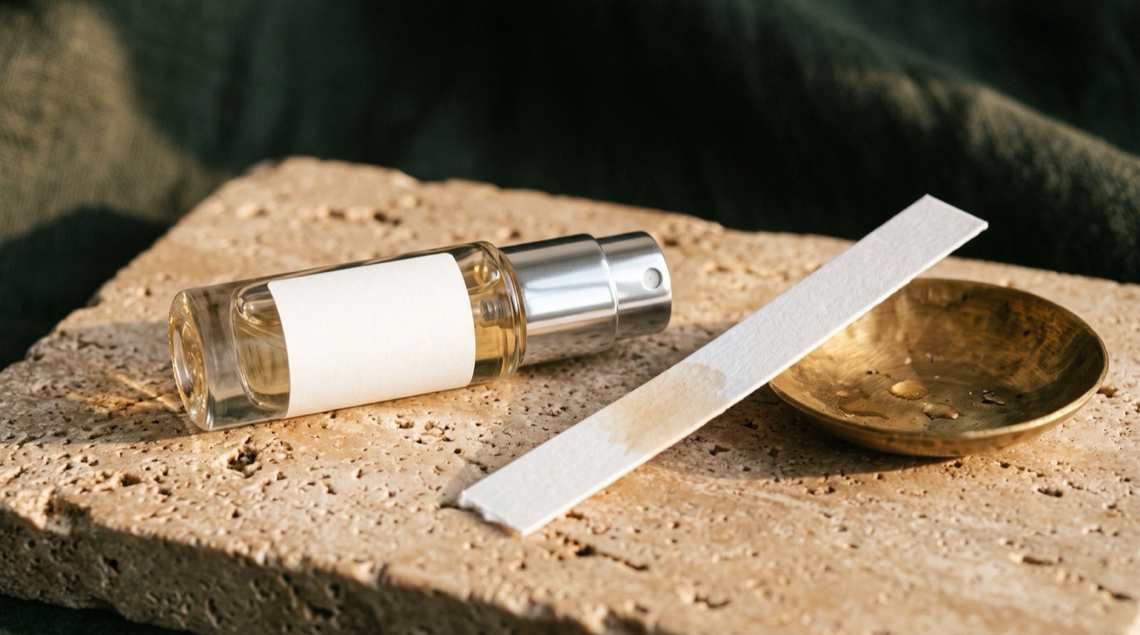 A single clear-glass atomizer beside a blotter strip and a small brass dish on travertine