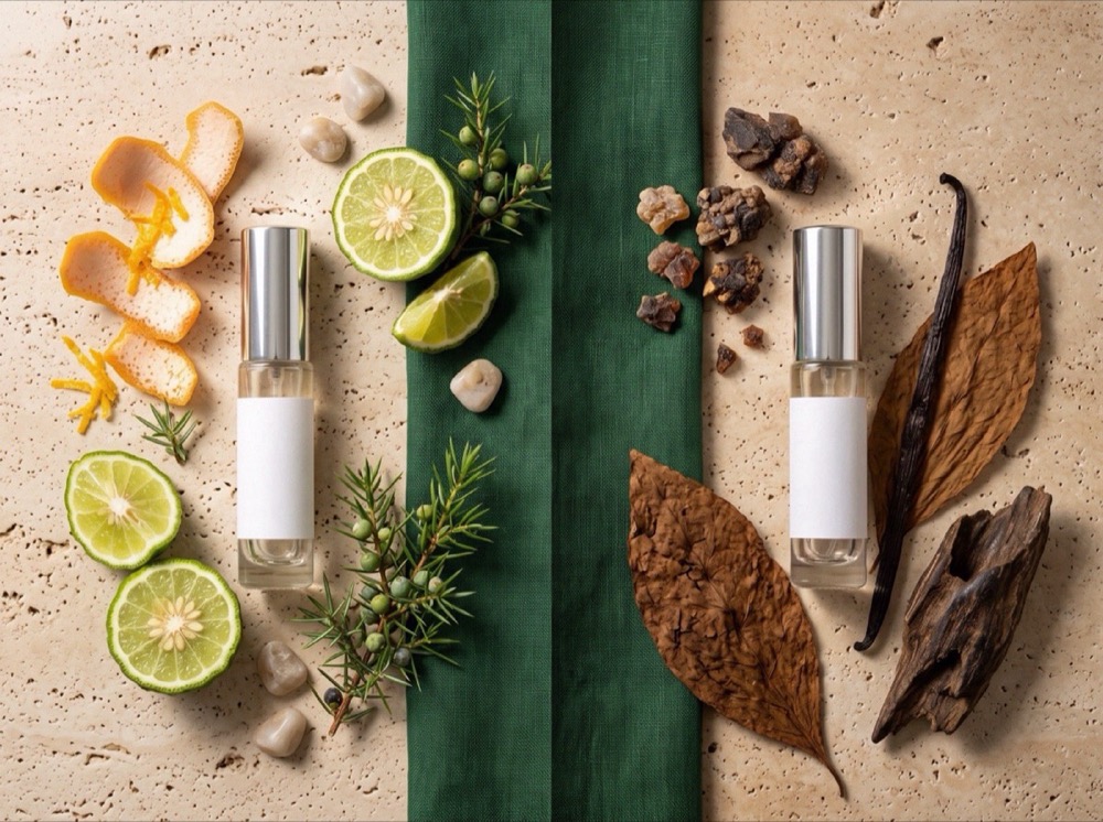 Flat-lay comparing light citrus materials beside one atomizer and dark resins and woods beside another on travertine