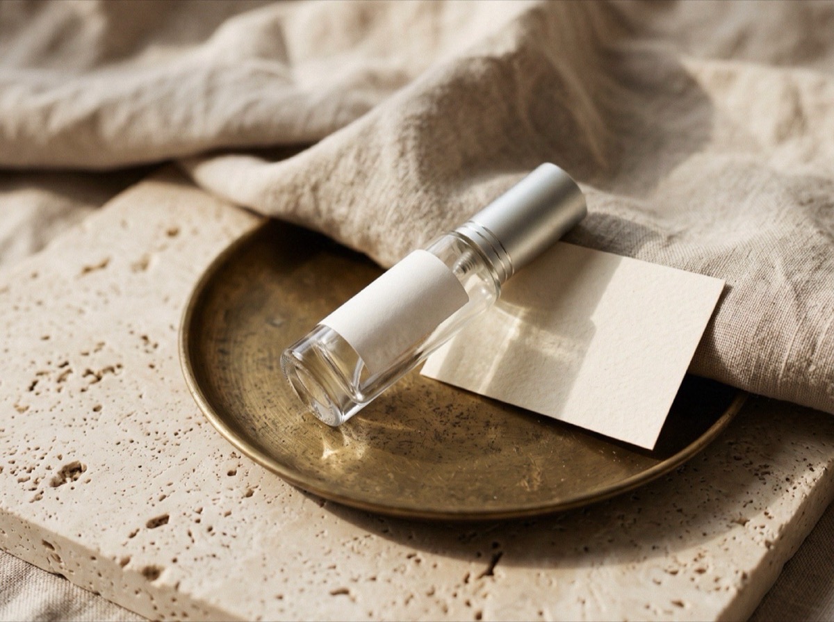 Close-up of a clear-glass 5 ml atomizer beside a blank card on a brass tray, suggesting a product label with no text