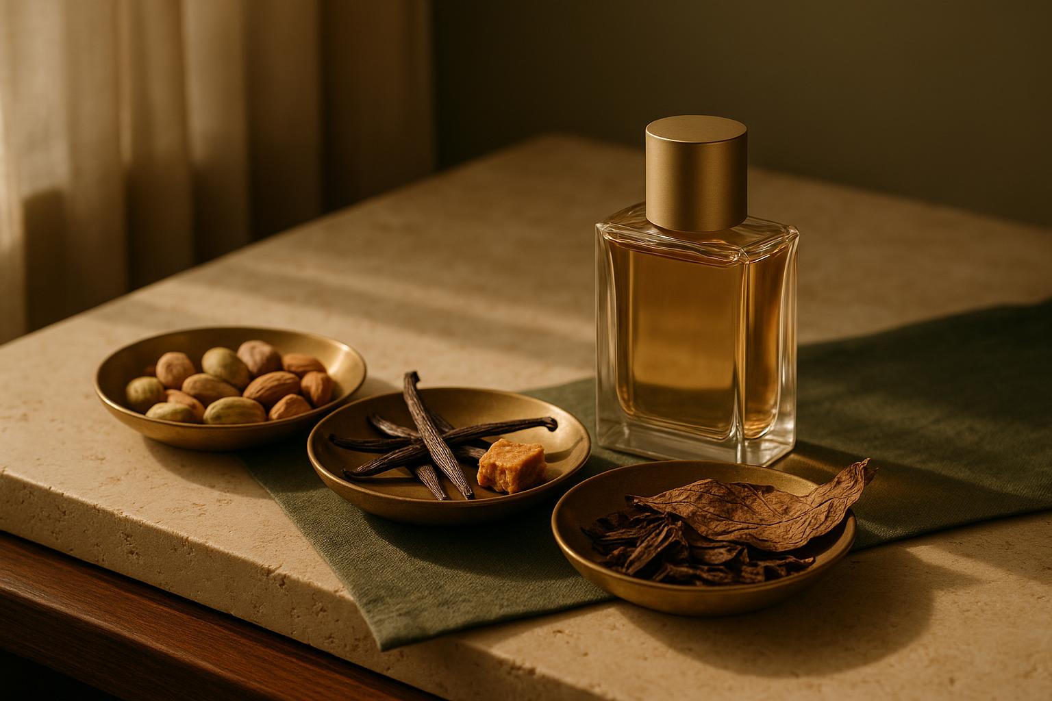 Still life showing the three layers of a 2026 fall gourmand: nuts, vanilla pods and dried tobacco leaf arranged in a row