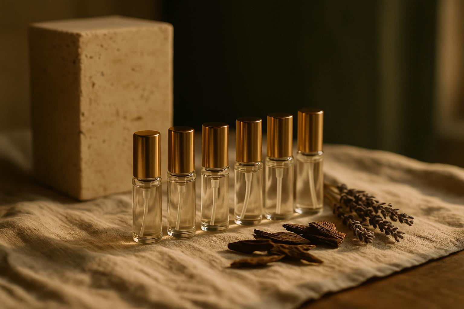 Five unbranded 5 ml atomizers standing in a row on linen beside oud wood chips and dried florals