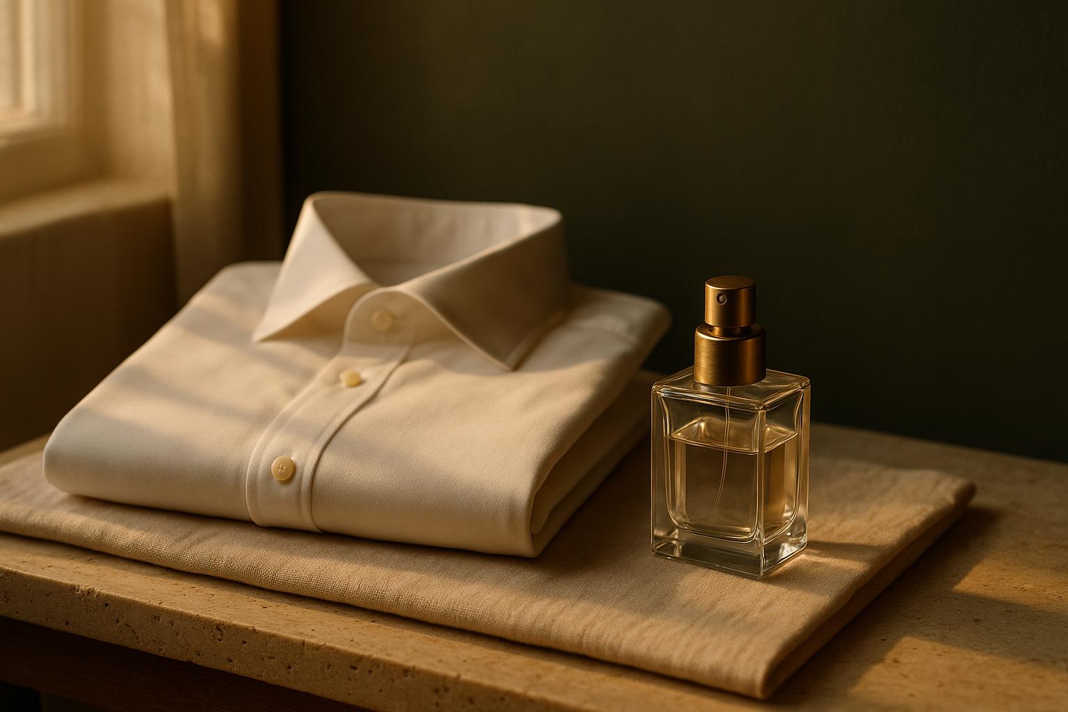 Folded cotton shirt beside a small unbranded glass atomizer on linen in warm light