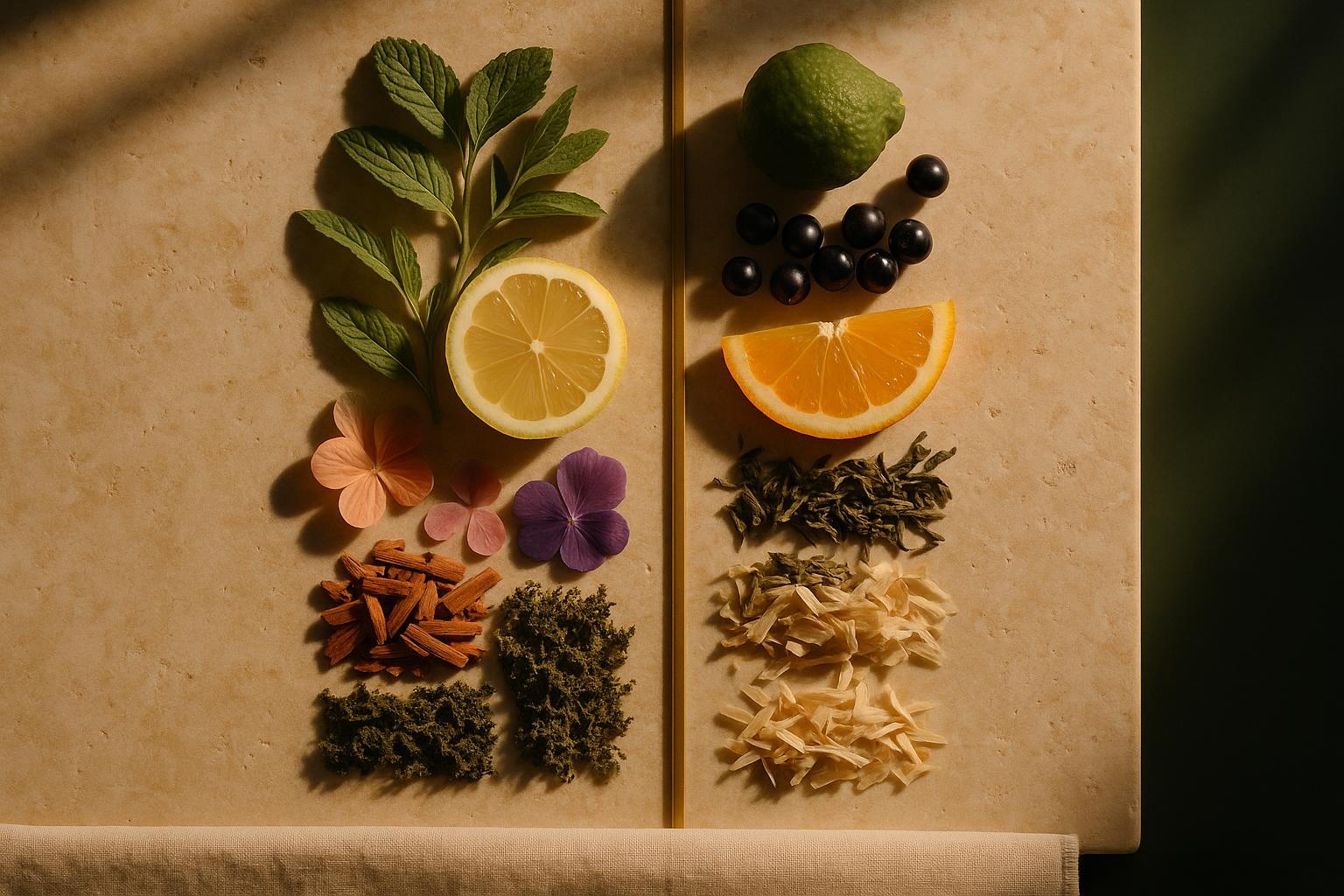 Two vertical arrangements of raw perfumery materials representing the note pyramids of the two fragrances