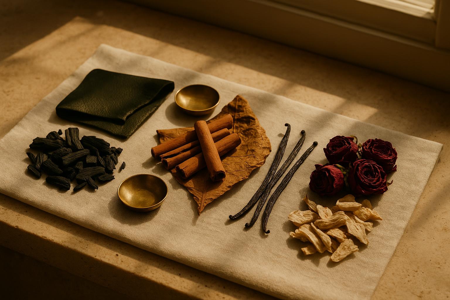 Note ingredients laid out in three groups on linen: charred wood and leather scraps, cinnamon and tobacco leaf, dried dark roses and iris root