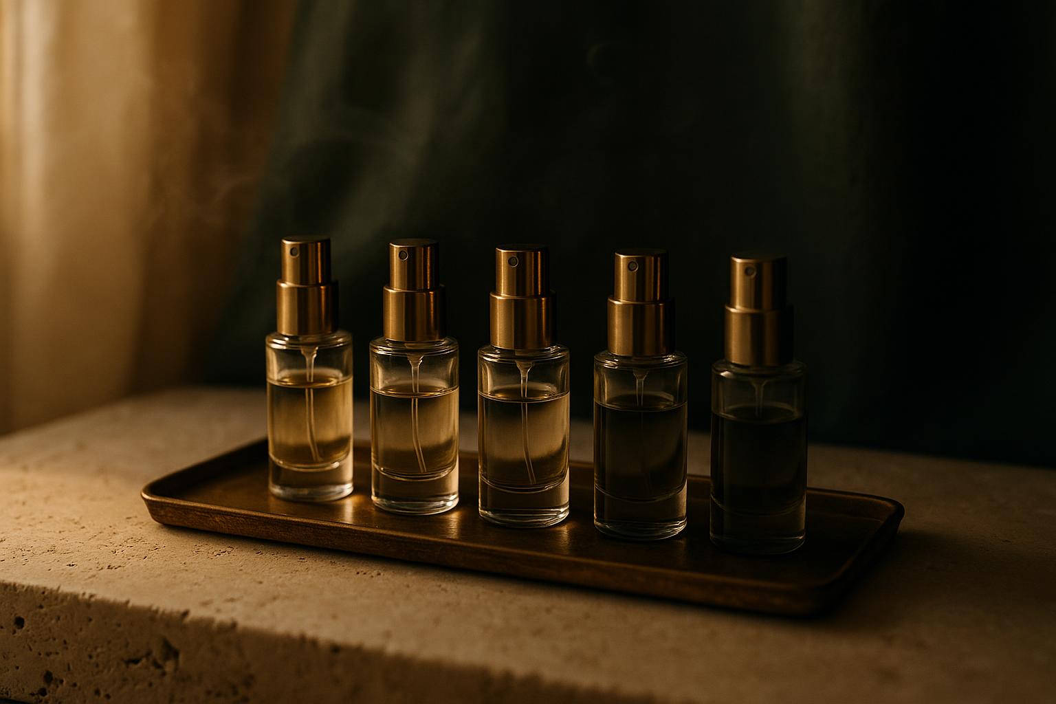 Five small atomizers standing in a row on a brass tray, each lit differently from warm to shadowed