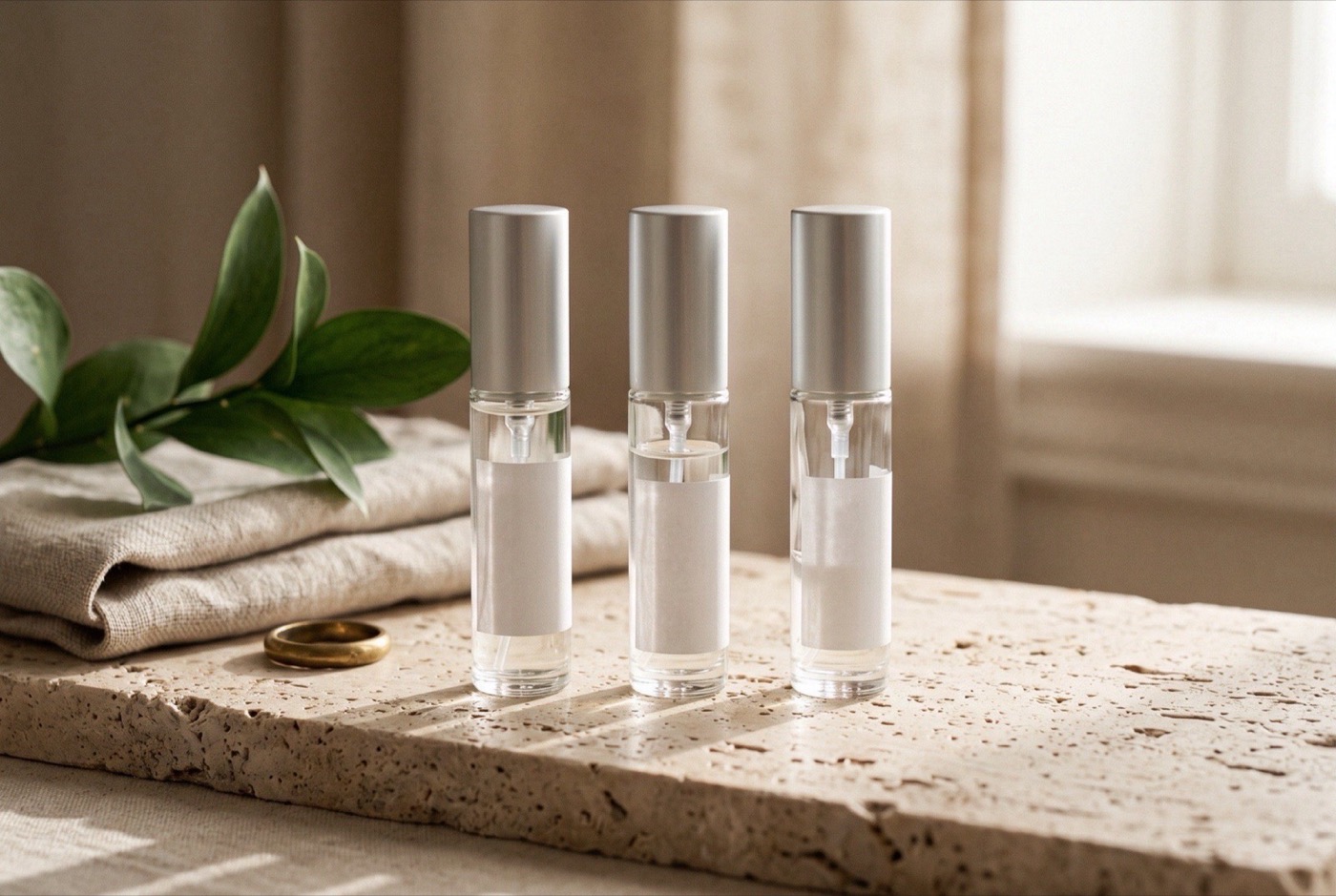Three clear 5 ml atomizers of descending fill level lined up on a travertine ledge