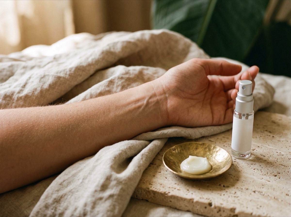Close-up of a forearm and inner wrist beside an unscented balm in a brass dish and a clear-glass 5 ml atomizer on linen