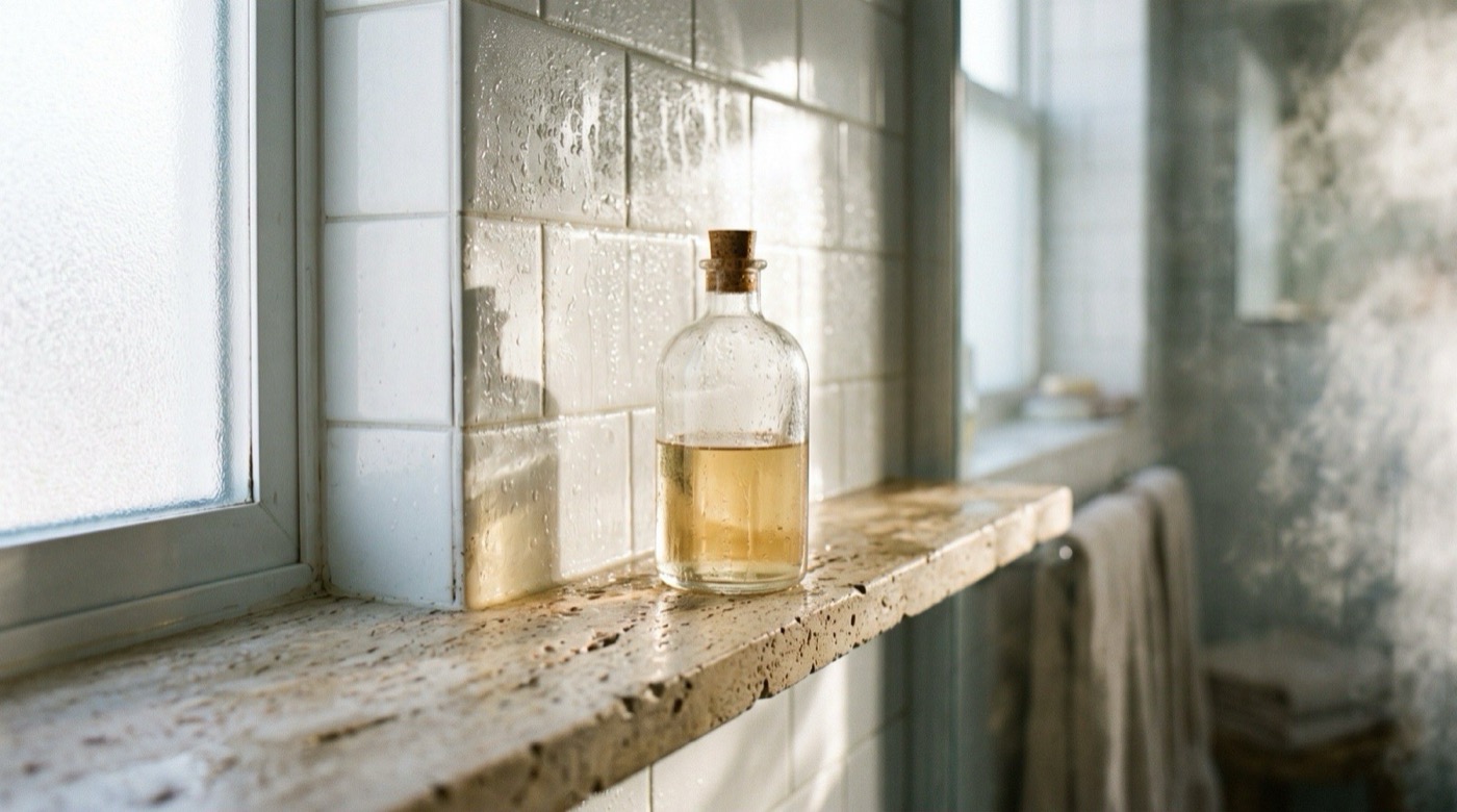 A steamy bathroom shelf with condensation on tile and a bright window, contrasted against a dim closet interior