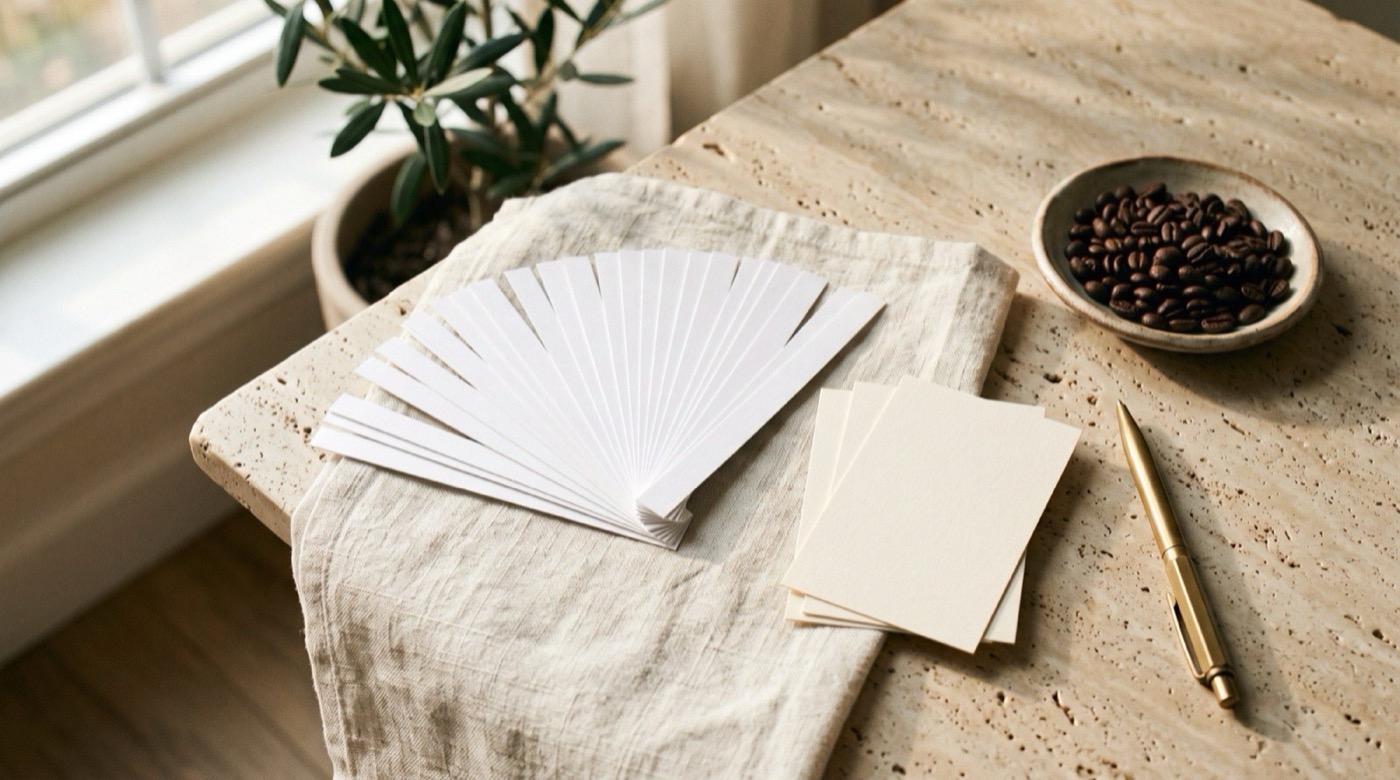 Overhead view of scent strips and handwritten note cards spread across a linen-covered table during a selection session
