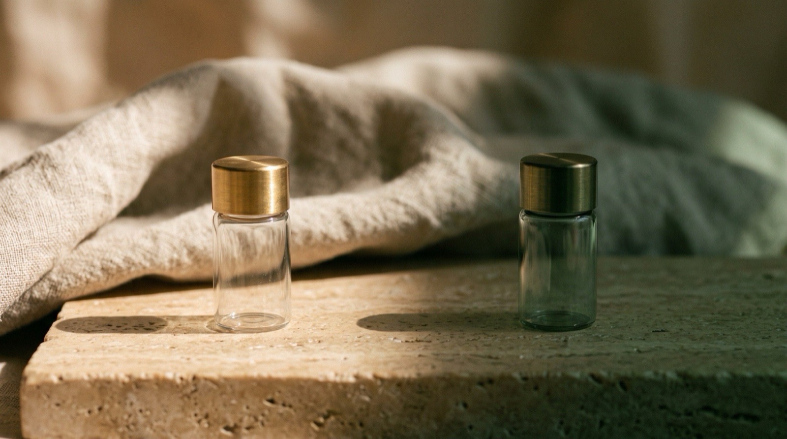 Two unlabelled fragrance vials set apart on a travertine ledge, one in warm light and one in shadow