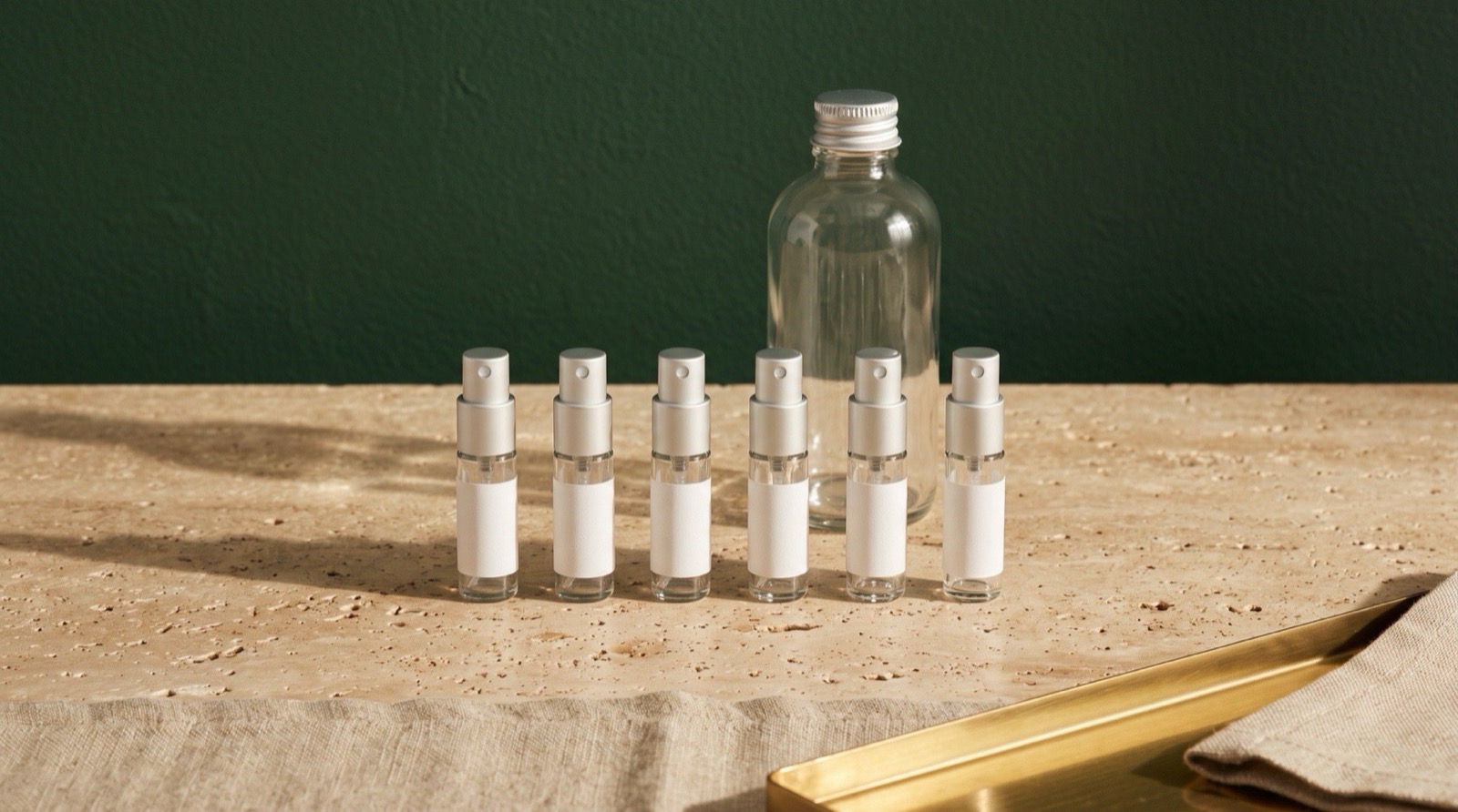 Row of six clear 5 ml atomizers lined up in front of a single large bottle, illustrating volume compared side by side