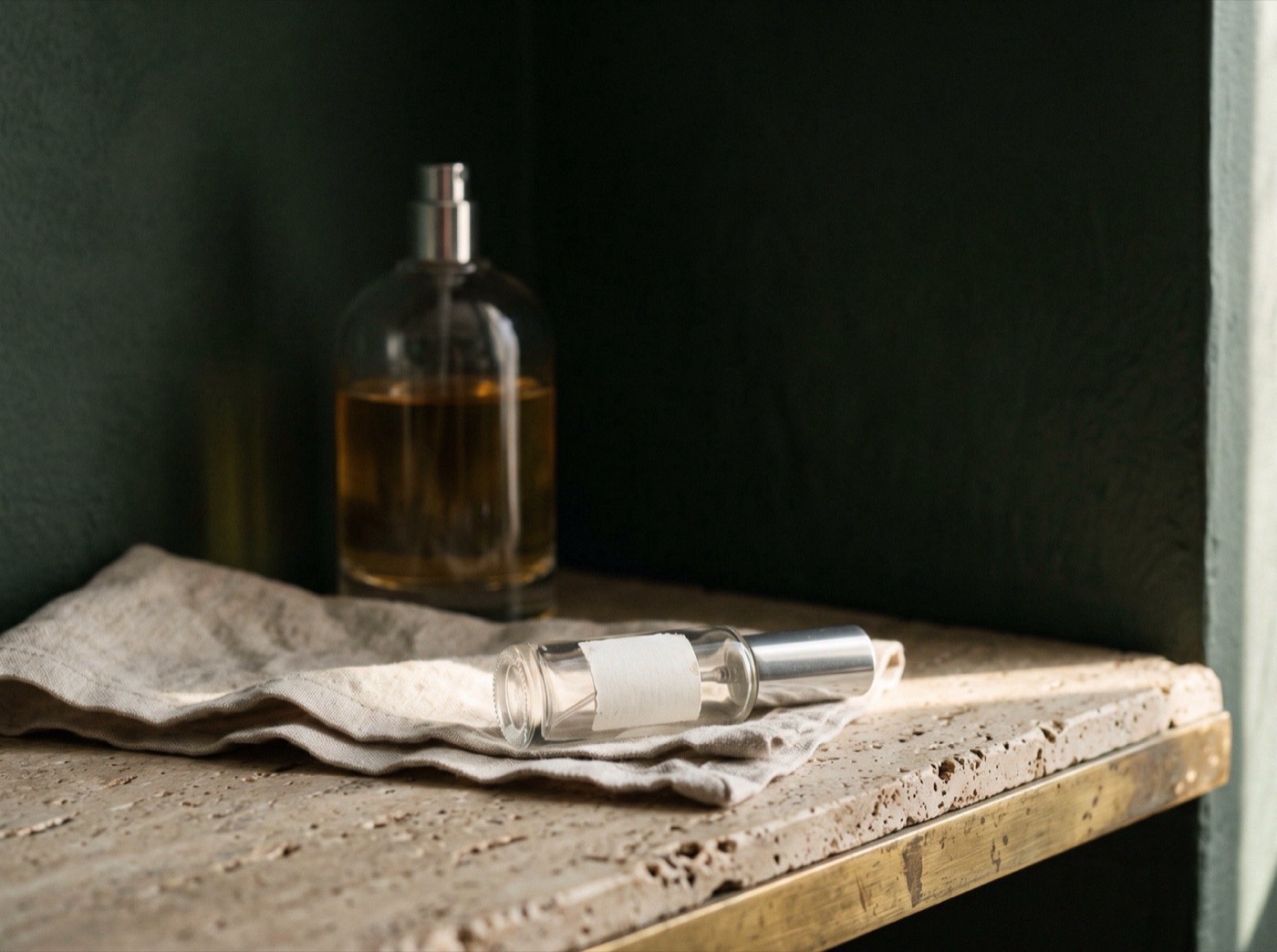 A mostly full unbranded fragrance bottle pushed to the back of a shelf beside an empty 5 ml atomizer