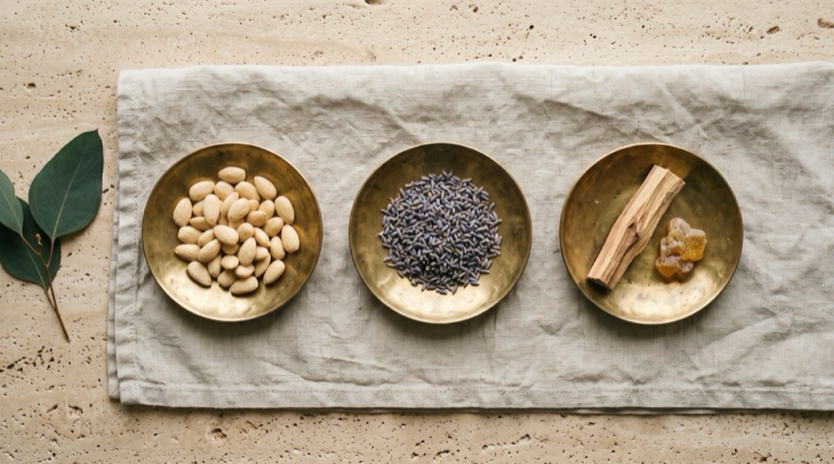 Three small dishes on linen holding almonds, orange blossom petals and a piece of sandalwood, arranged left to right to represent the top, heart and base of the fragrance
