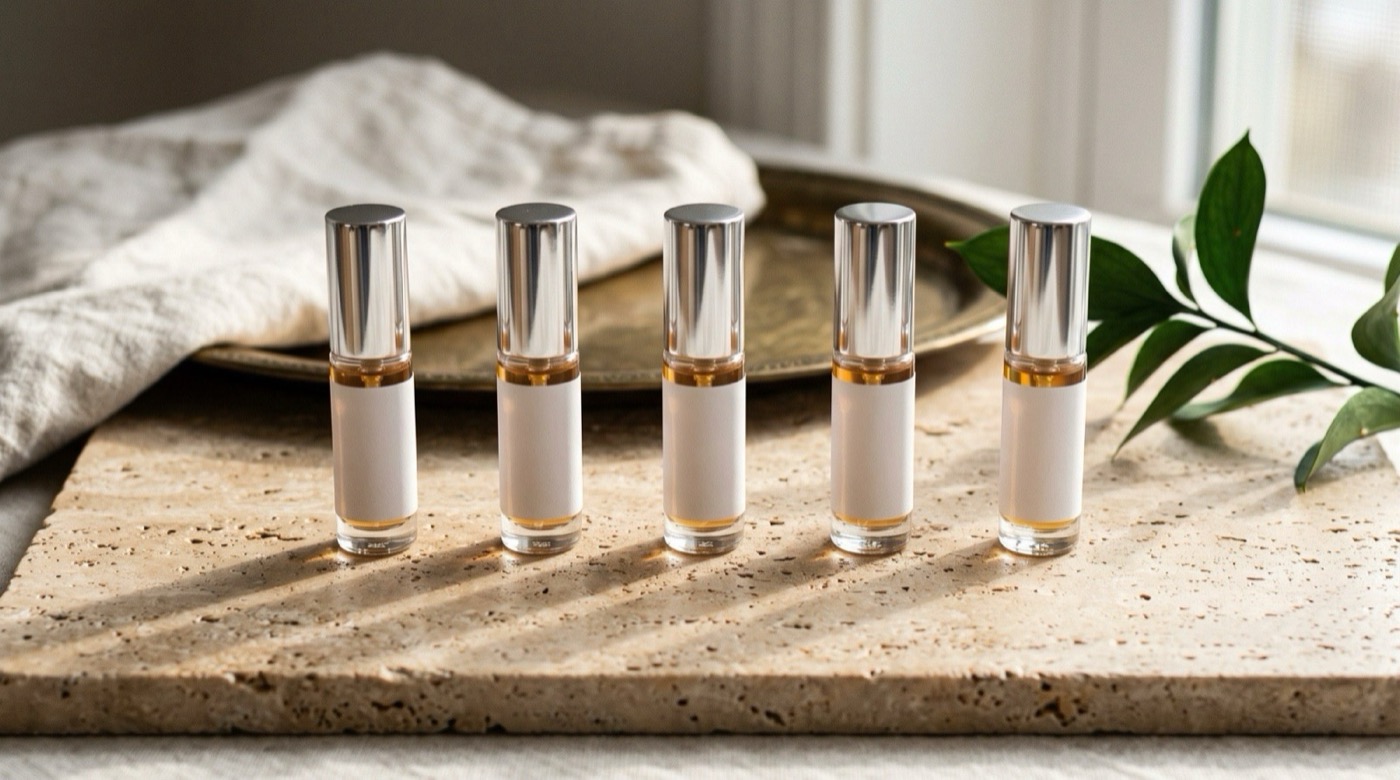Five identical clear 5 ml atomizers with silver caps lined up in a row on a travertine surface, each catching a slightly different tone of light