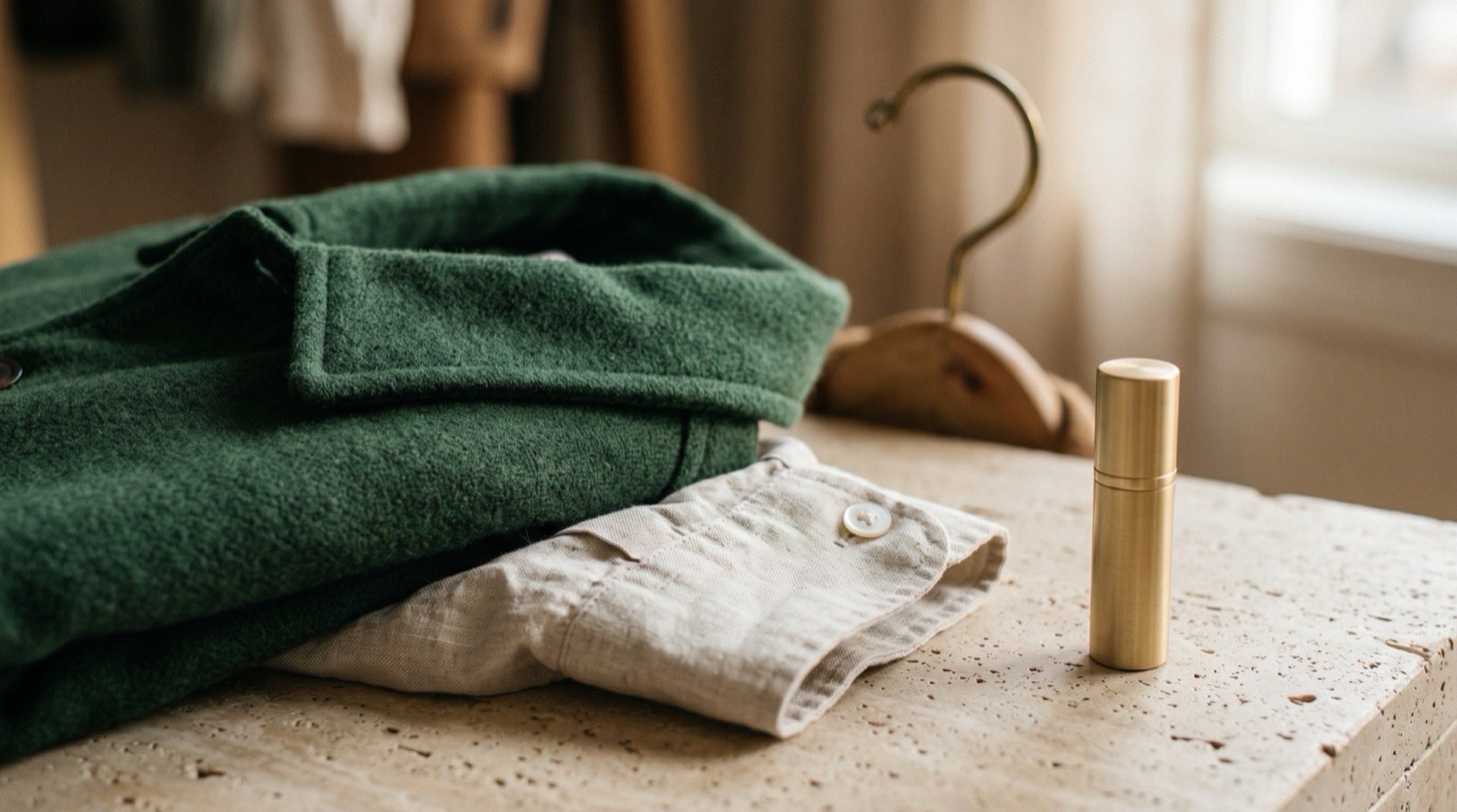 Close detail of a folded jacket collar and shirt cuff beside a single small atomizer