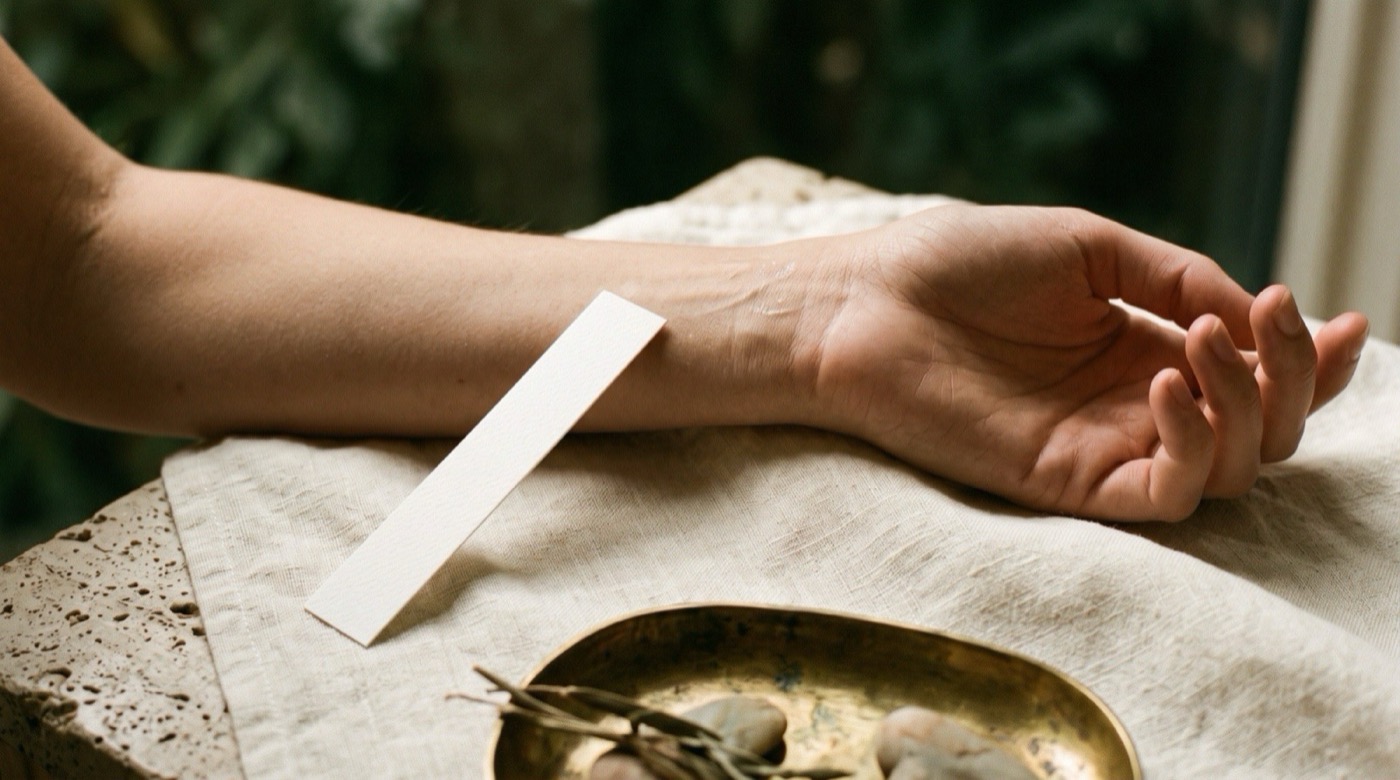 A single spray of fragrance on a bare wrist beside an untouched paper blotter strip, shown in warm daylight