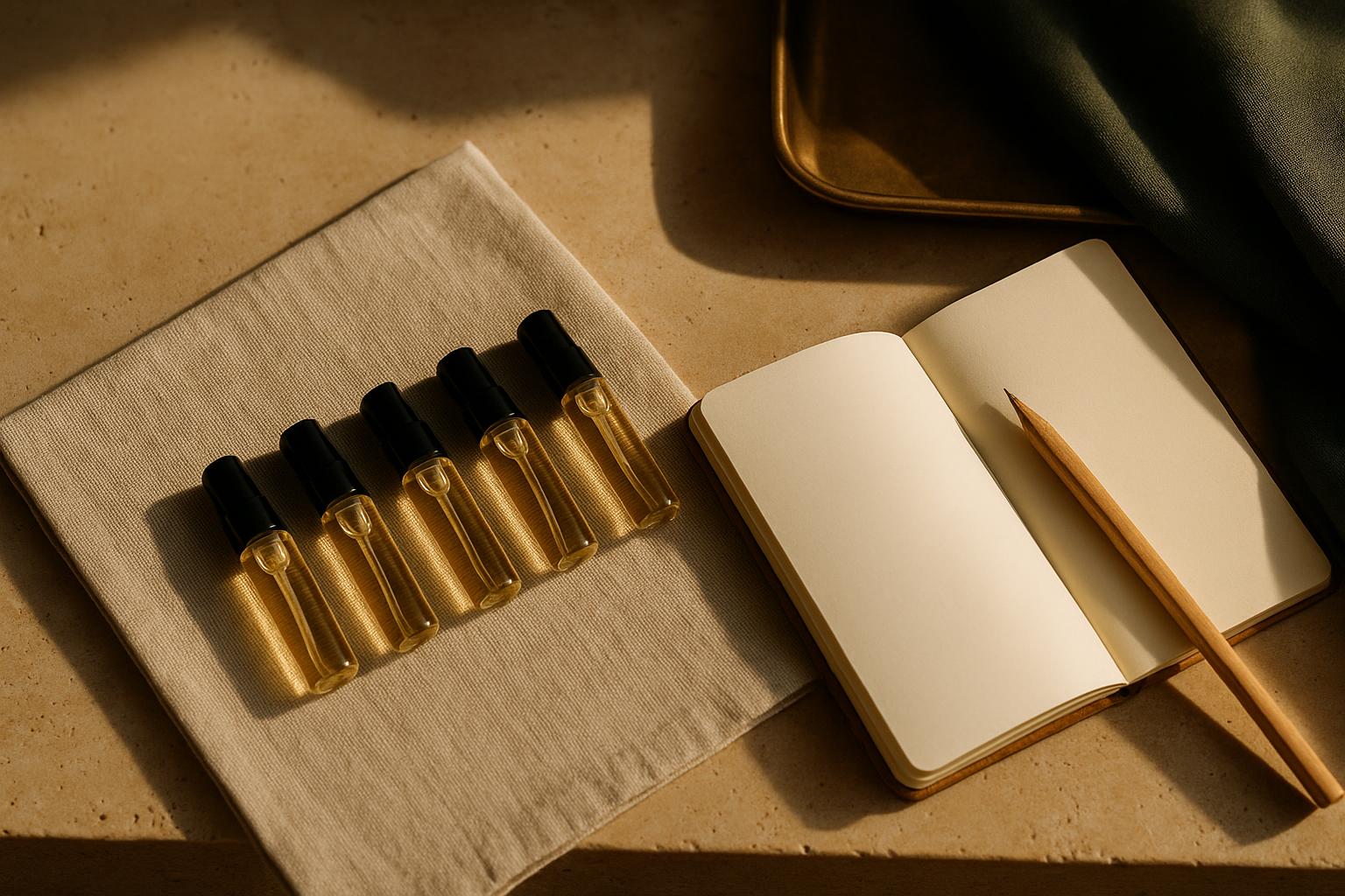 Five small unbranded atomizers arranged in a row on linen beside a handwritten notebook and pencil