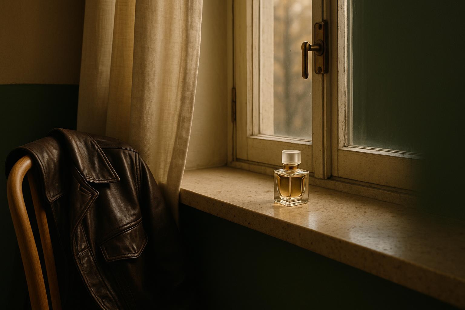 A leather jacket hung over a wooden chair by a window with cold autumn light, a small atomizer on the sill