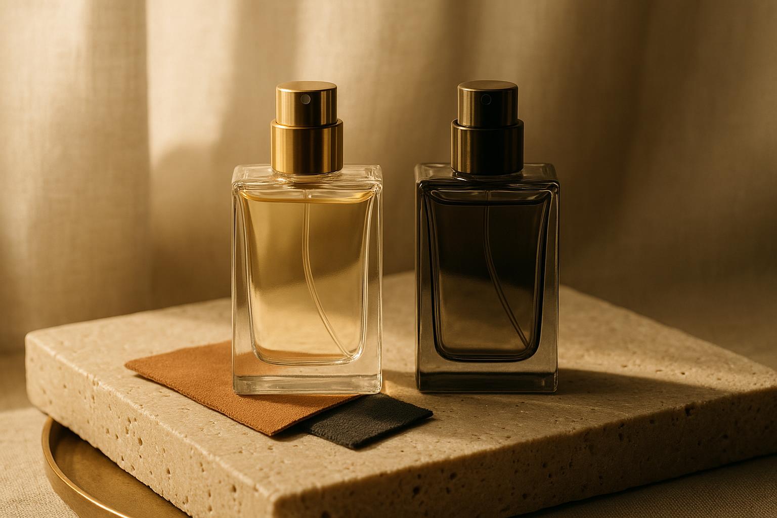 Two identical unbranded glass atomizers side by side on a travertine slab, one lit brighter than the other
