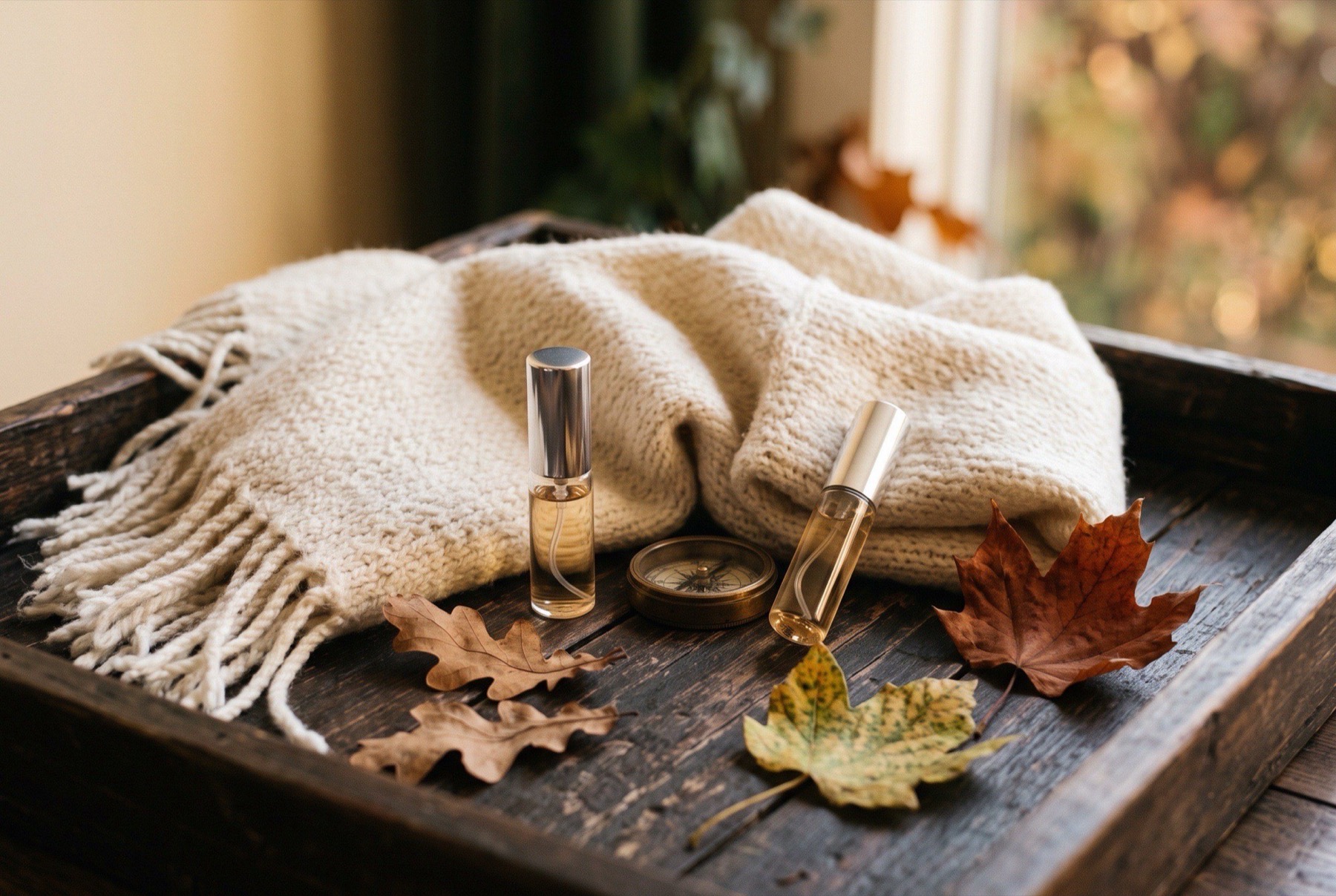 Autumn still life on a dark wooden tray with a folded cream wool scarf, fallen oak and maple leaves and two generic unbranded clear-glass 5 ml atomizers, with a small brass compass between them