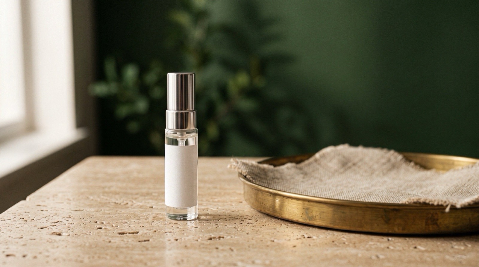 One 5 ml atomizer standing alone on travertine next to an empty linen tray, contrasting a single vial with an absent assortment