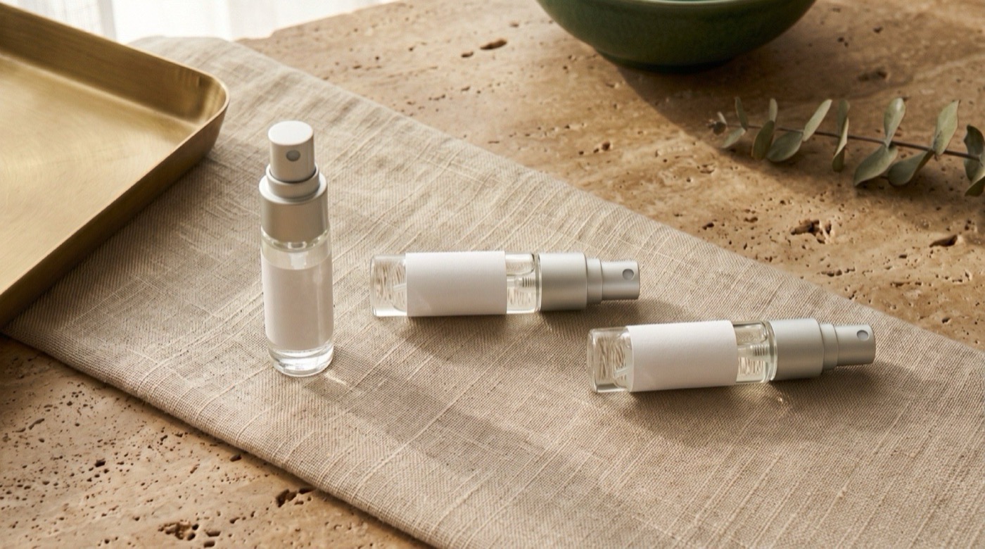 Three 5 ml atomizers spaced apart on a linen runner, one standing and two lying down, suggesting months in a rotation