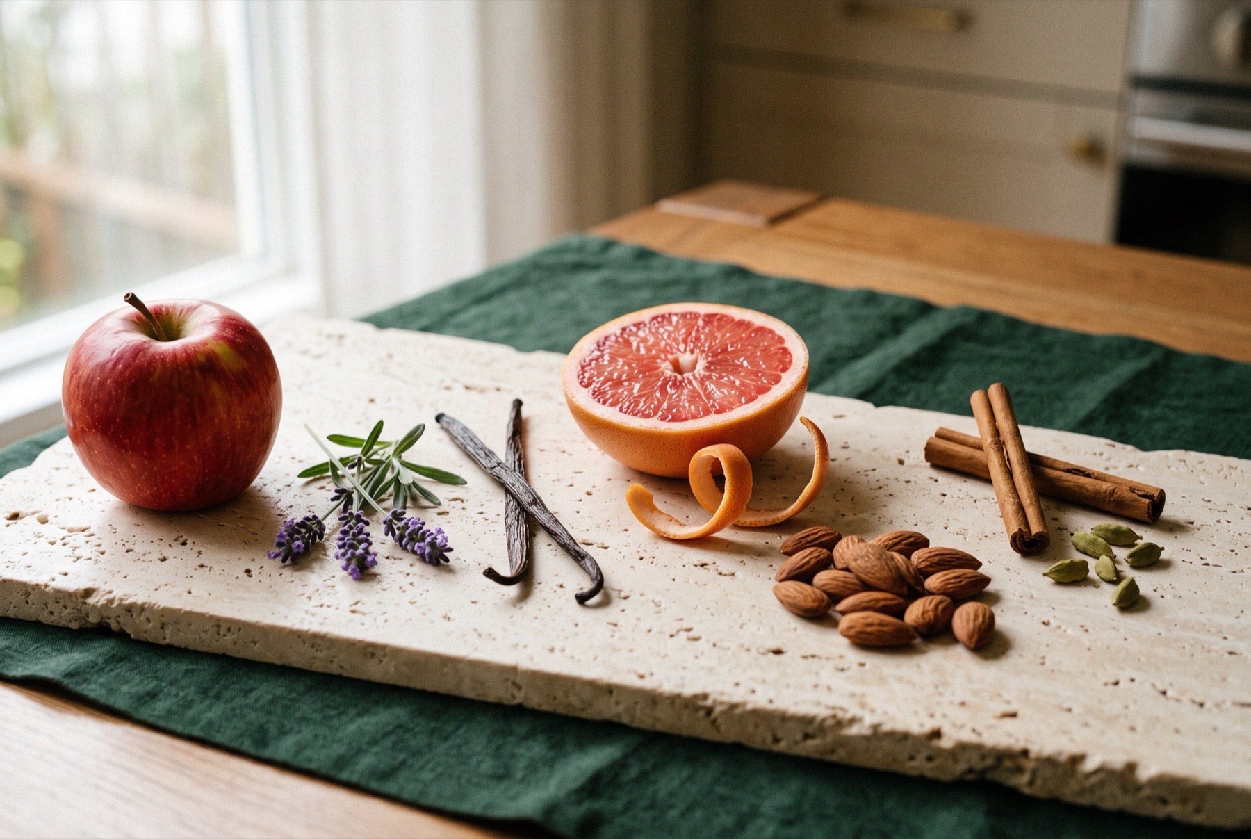 Ingredient still life on cream travertine with a forest-green linen runner: an apple, lavender sprigs, vanilla pods, half a pink grapefruit, whole almonds, cinnamon sticks and green cardamom pods