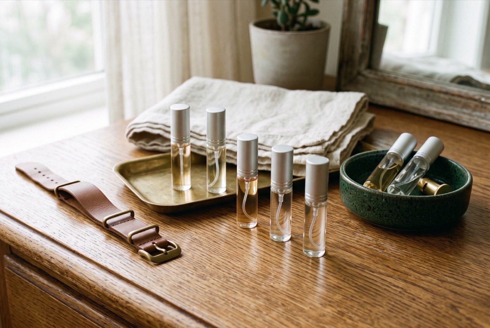 Seven generic unbranded clear-glass 5 ml atomizers on an oak dressing table, five standing and two resting in a forest-green ceramic dish, beside a plain brown leather watch strap, a small brass tray and folded cream linen