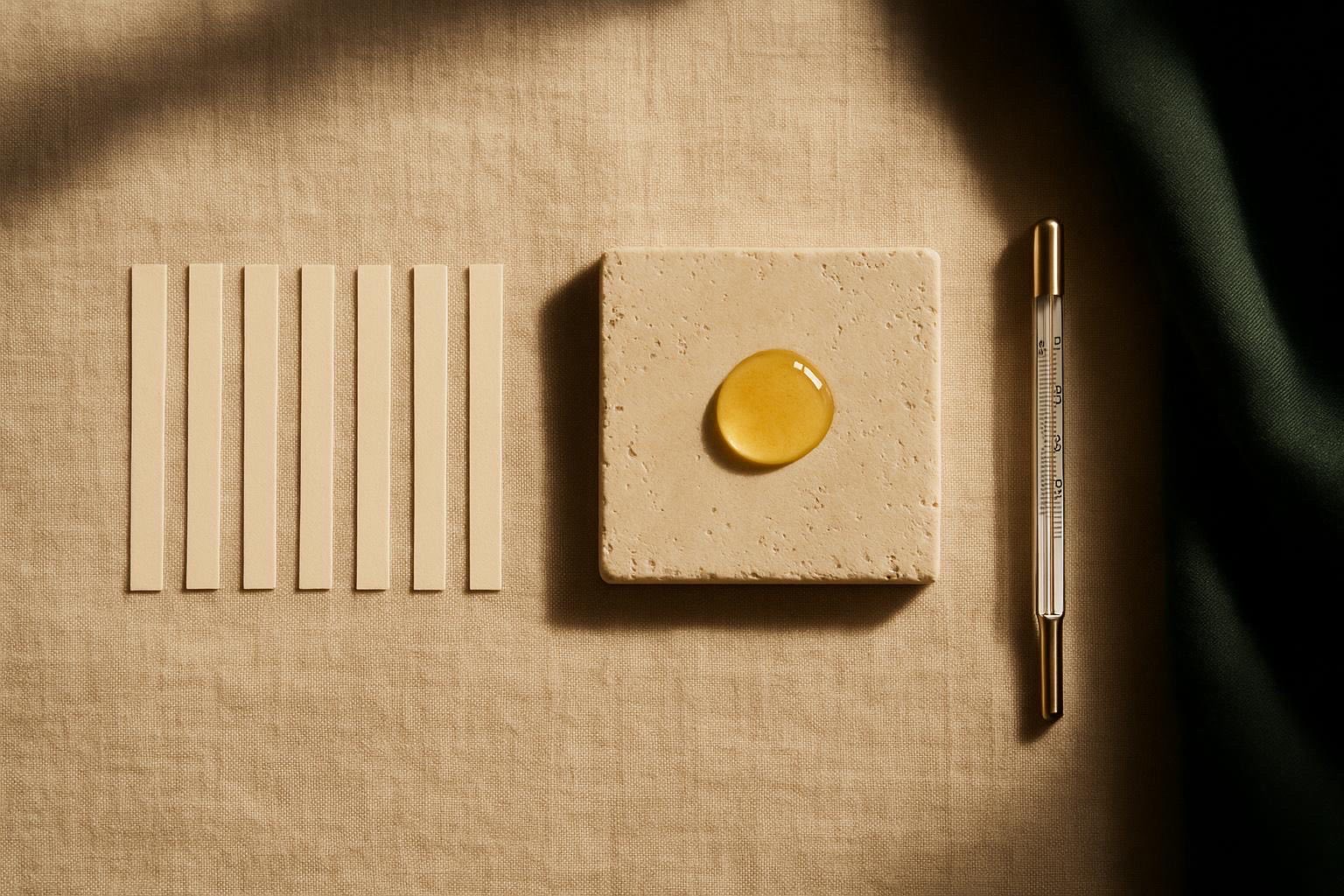 Flat-lay diagram materials showing pH strips, an oil droplet and a thermometer arranged on linen to represent the three skin variables