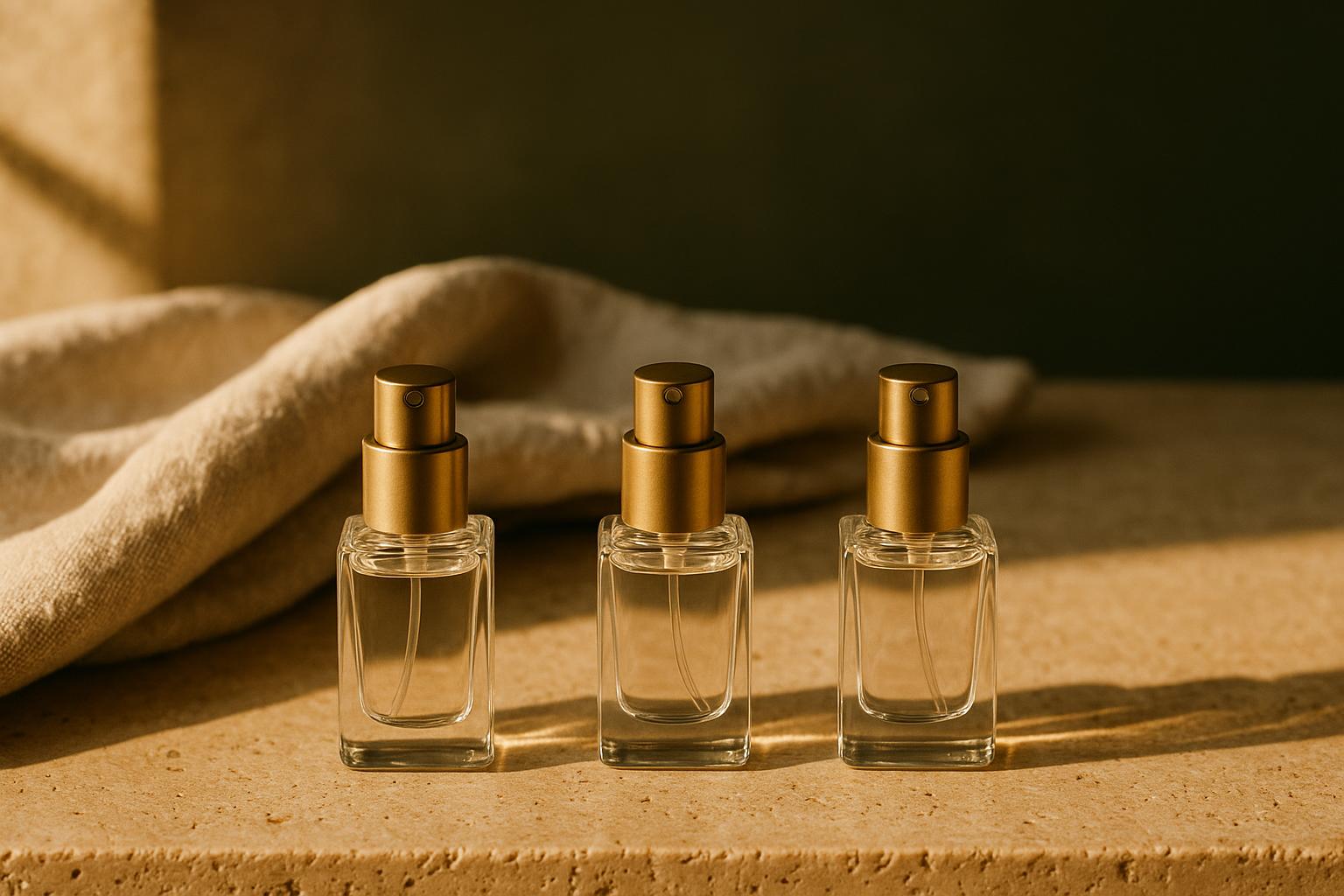 Three unlabelled 5 ml atomizers spaced across a travertine surface to represent a three-week wear test