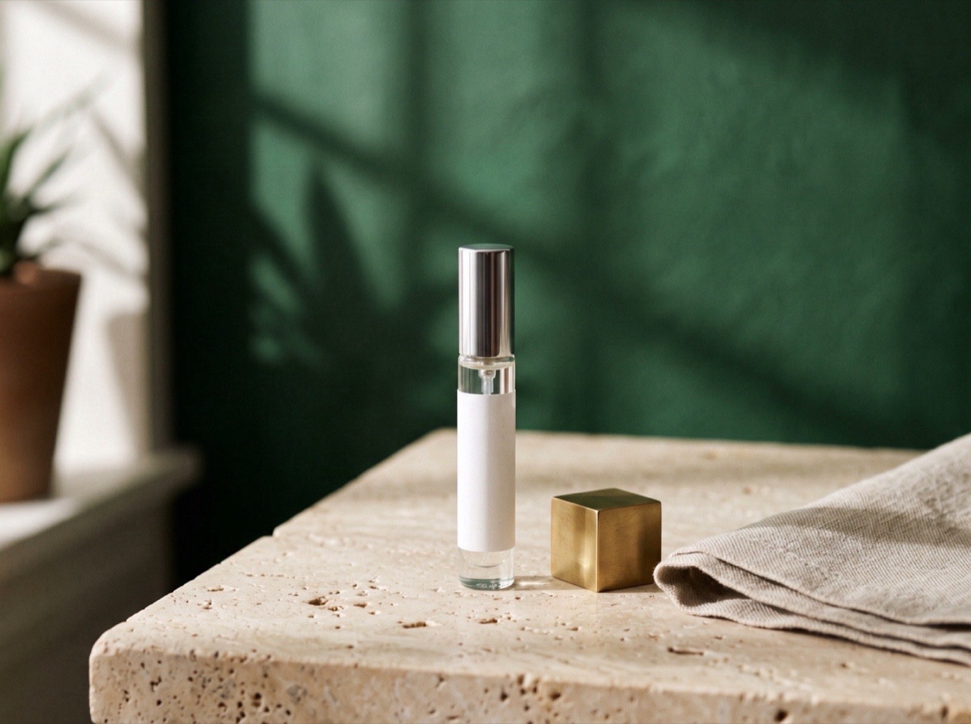 A clear-glass 5 ml atomizer beside a small brass desk calendar and a folded linen napkin on travertine