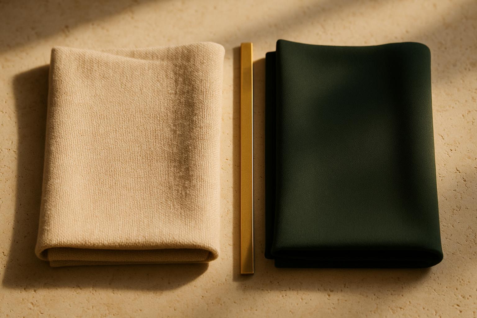 Two folded fabric swatches side by side, a matte natural cotton weave and a smooth technical synthetic knit, photographed in raking light