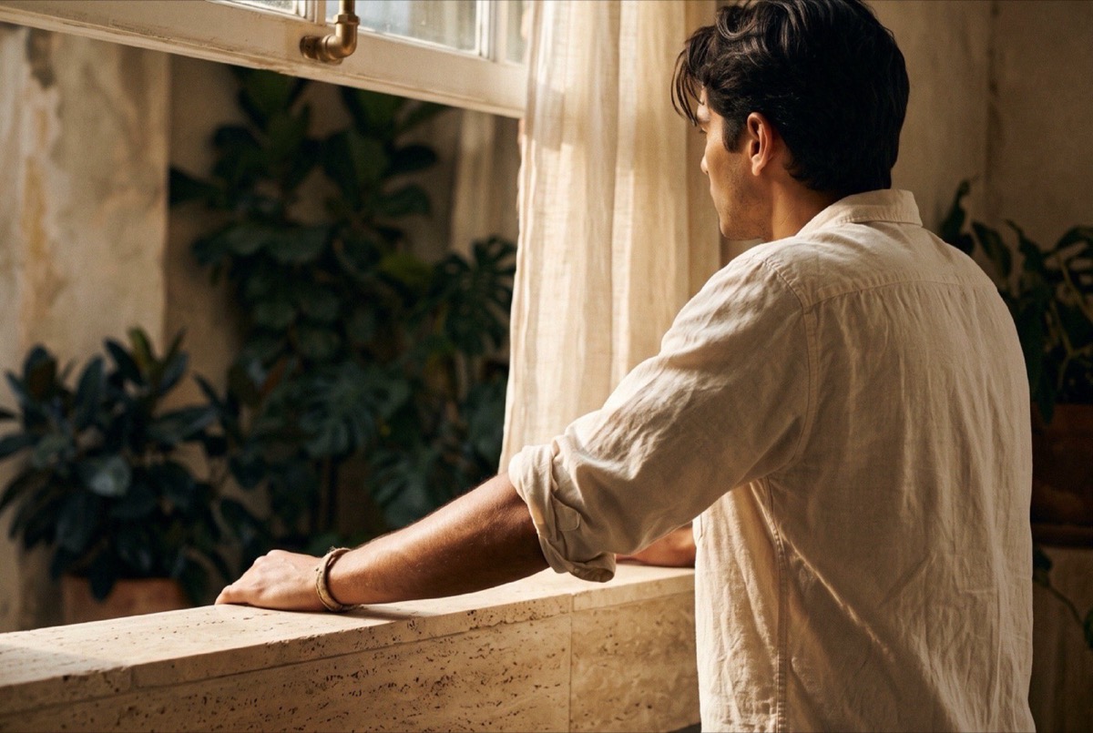 A person mid-day in a cotton shirt, sleeve rolled, resting an arm on a warm stone surface