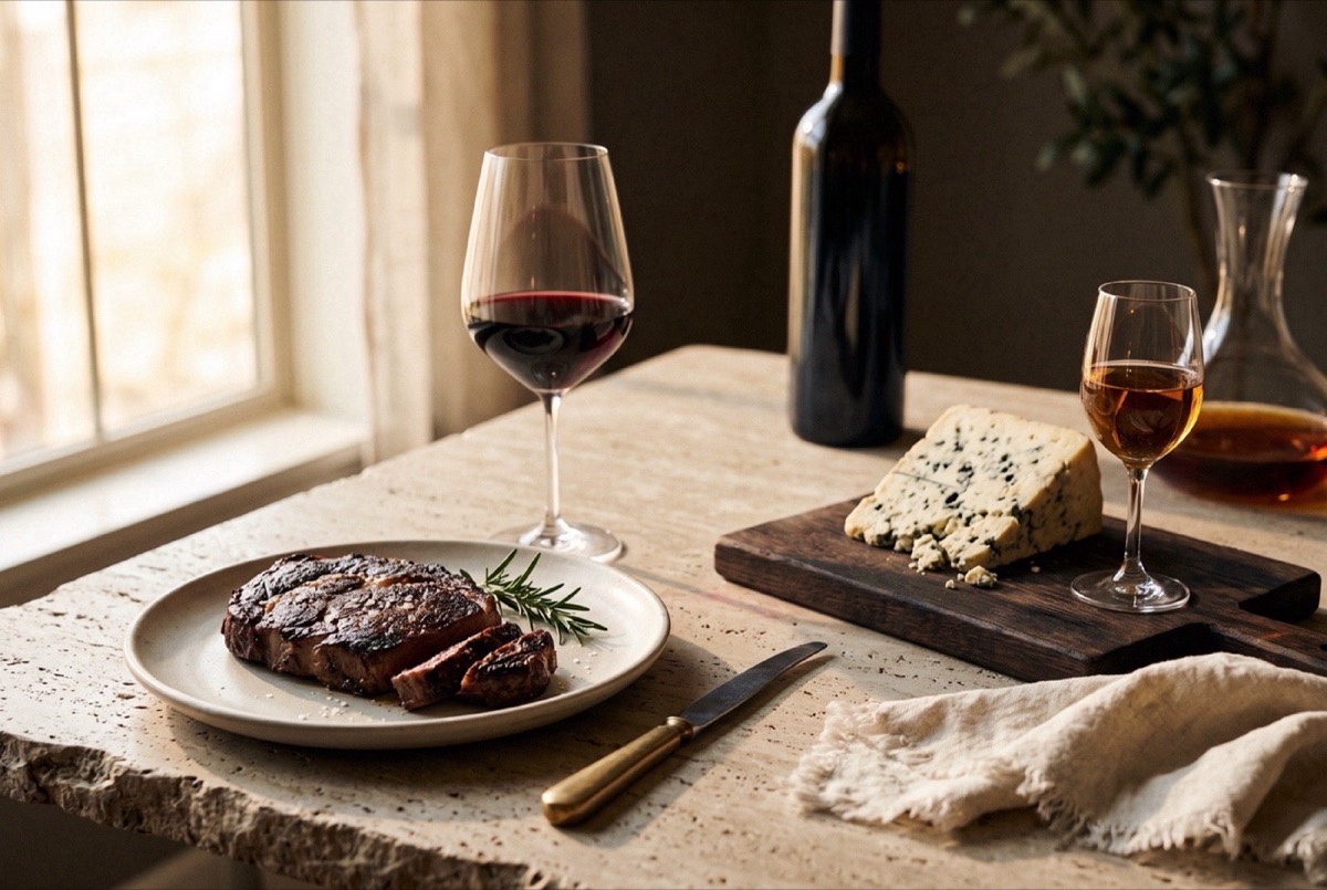 A pairing table: a seared steak beside a glass of red wine, and a wedge of blue cheese beside a glass of sweet wine